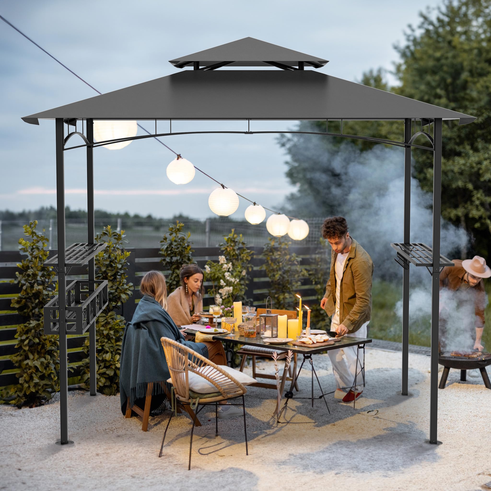 YRHome Pawilon do grilla z podwójnym dachem, pawilon do grillowania z 2 półkami bocznymi, 1 metalowy kosz, szereg haczyków, altana ogrodowa, odporna na warunki atmosferyczne, kolor czarny i szary, na