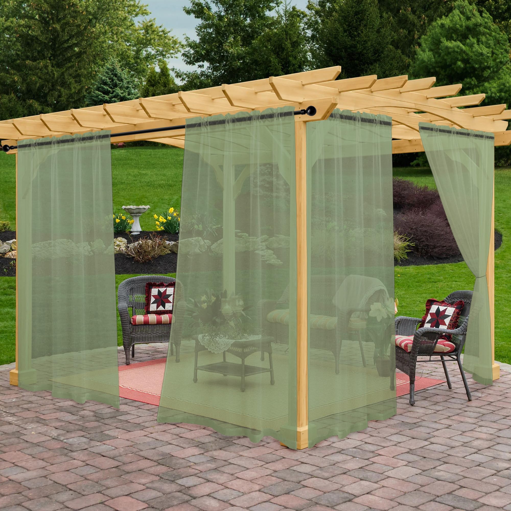 Awnmeow Outdoor Sheer Curtains for Patio Waterproof, 2 Panels Rod Pocket Indoor/Outdoor Voile Sage Green Sheer Curtain for Pergola, Porch, Cabana and