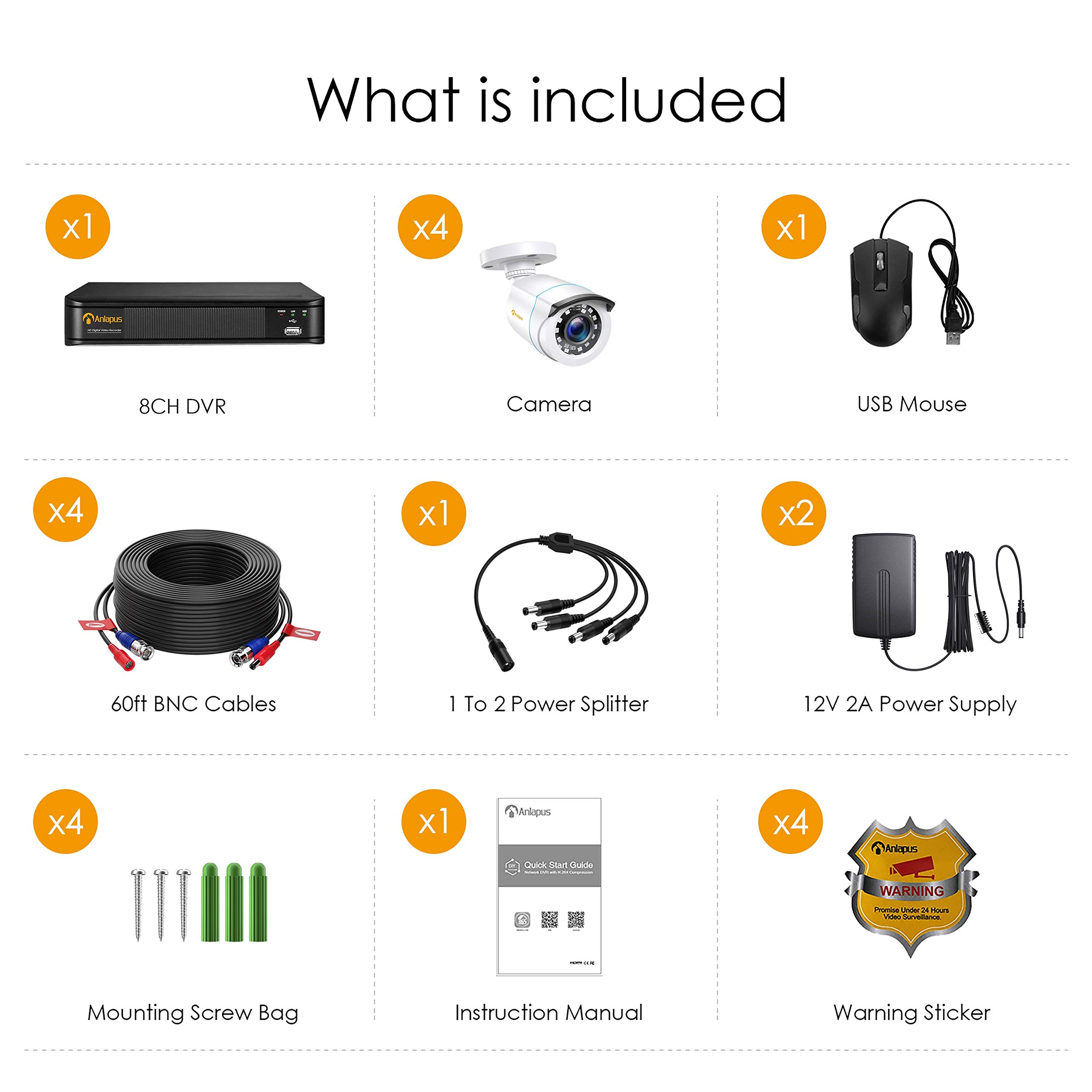 Anlapus 1080P CCTV Kit Sistema de Vigilancia 8 Canales H.265+ Videograbador DVR con 4 Cámara de Seguridad, sin Disco Duro, Visión Nocturna, Alarma Email