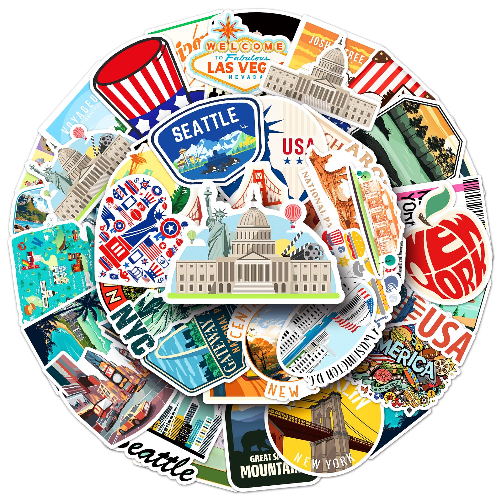 USA Travel Vinyl Stickers 50Pcs America Landmark Decorative Sticker Pack for Laptop, Water Bottle, Luggage, Phone Case, Journal and Scrapbook Decoration for Teens DIY Style — image 1