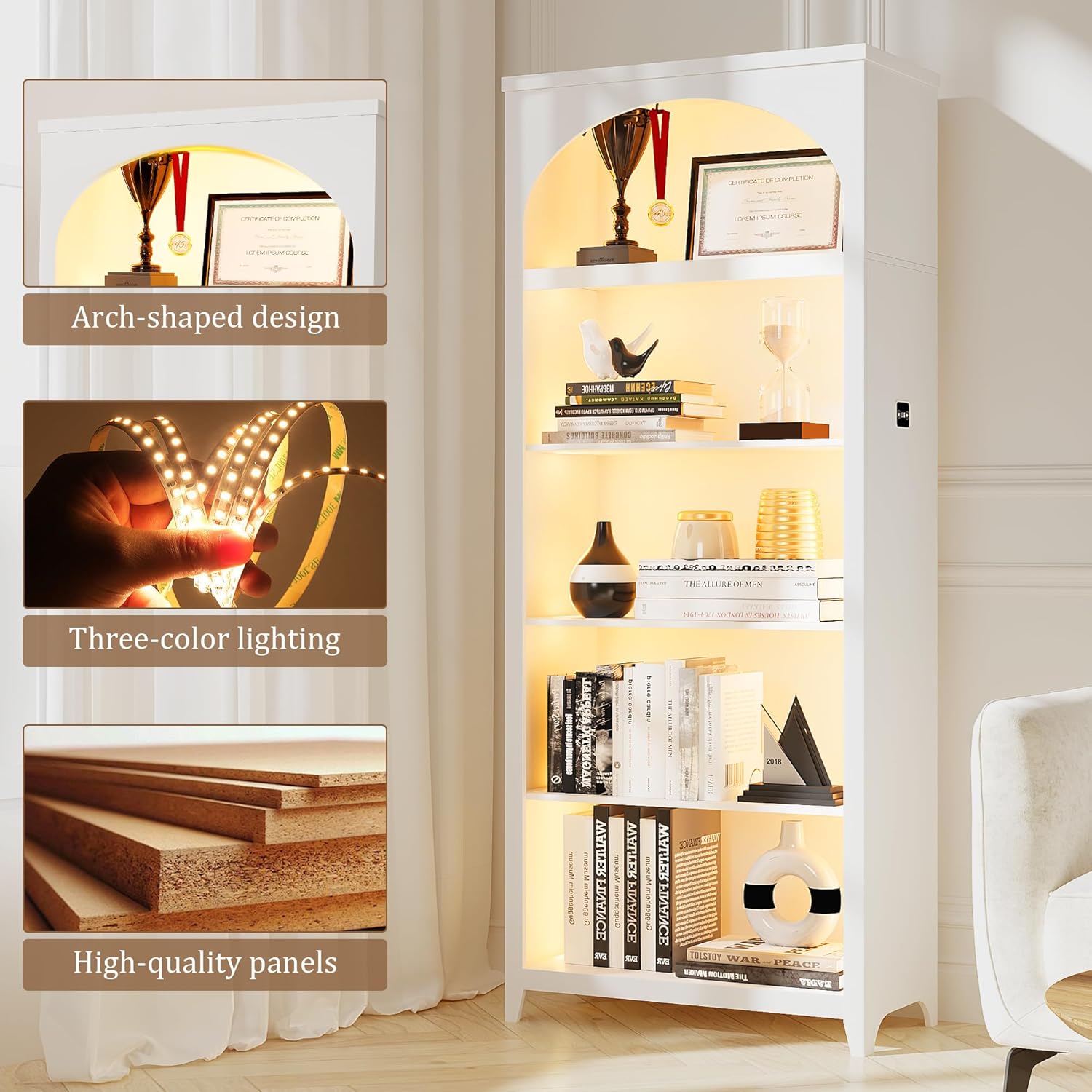 70" Tall Bookshelf with LED Lights, 5-Tier Modern Farmhouse Wood Bookcase with Arched Design, Sturdy Standing Shelf for Living Room, Bedroom, Office Library, White
