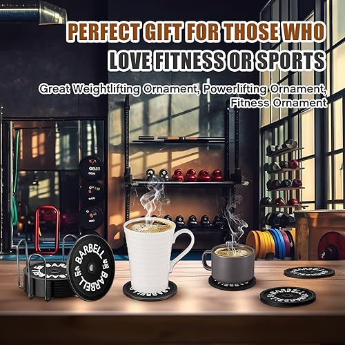 Miniatura 6 de Blushtier Juego de 8 posavasos para bebidas con barra para atletas, amantes del gimnasio, bebidas, mesa de café, negro, redondo, con soporte para