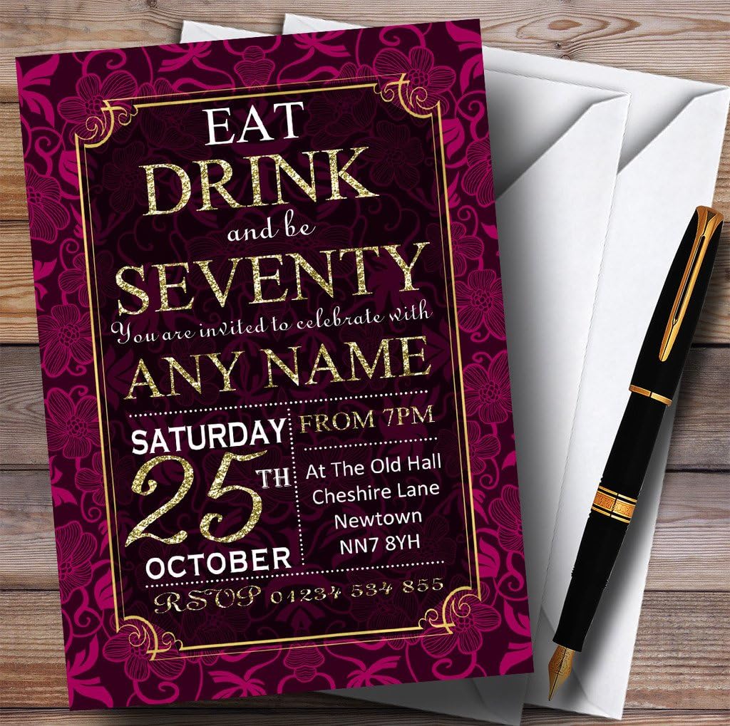 Pink & Gold Flowers 70th Personalized Birthday Party Invitations