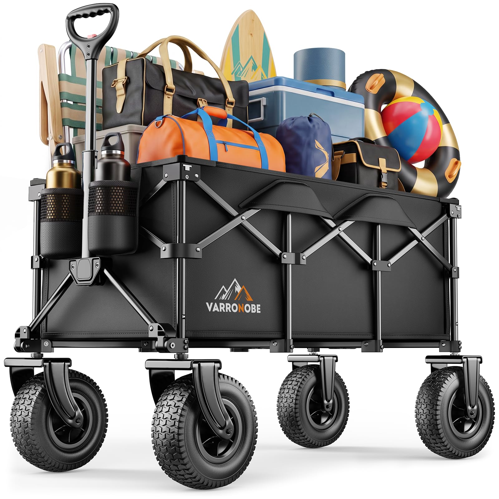 Photo 1 of All-Terrain Beach Wagon with 10" x 3.5" Big Inflatable Rubber Wheels for Sand, 220L Collapsible Utility Wagon, 400 lbs Heavy Duty Folding Cart with 2 Cup Holders for Camping, Sports, Garden, Black