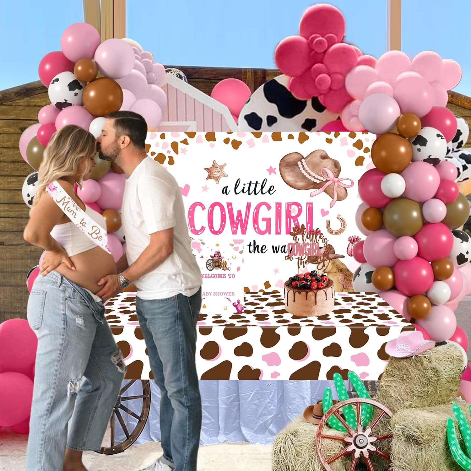 Little Cowgirl Baby Shower Decorations - Pink Western Girl Baby Shower Decorations with Cowgirl Balloons Arch, A Little Cowgirl is on The Way Backdrop & Tablecloth, BABY Boxes and CowGirl Cake Toppers