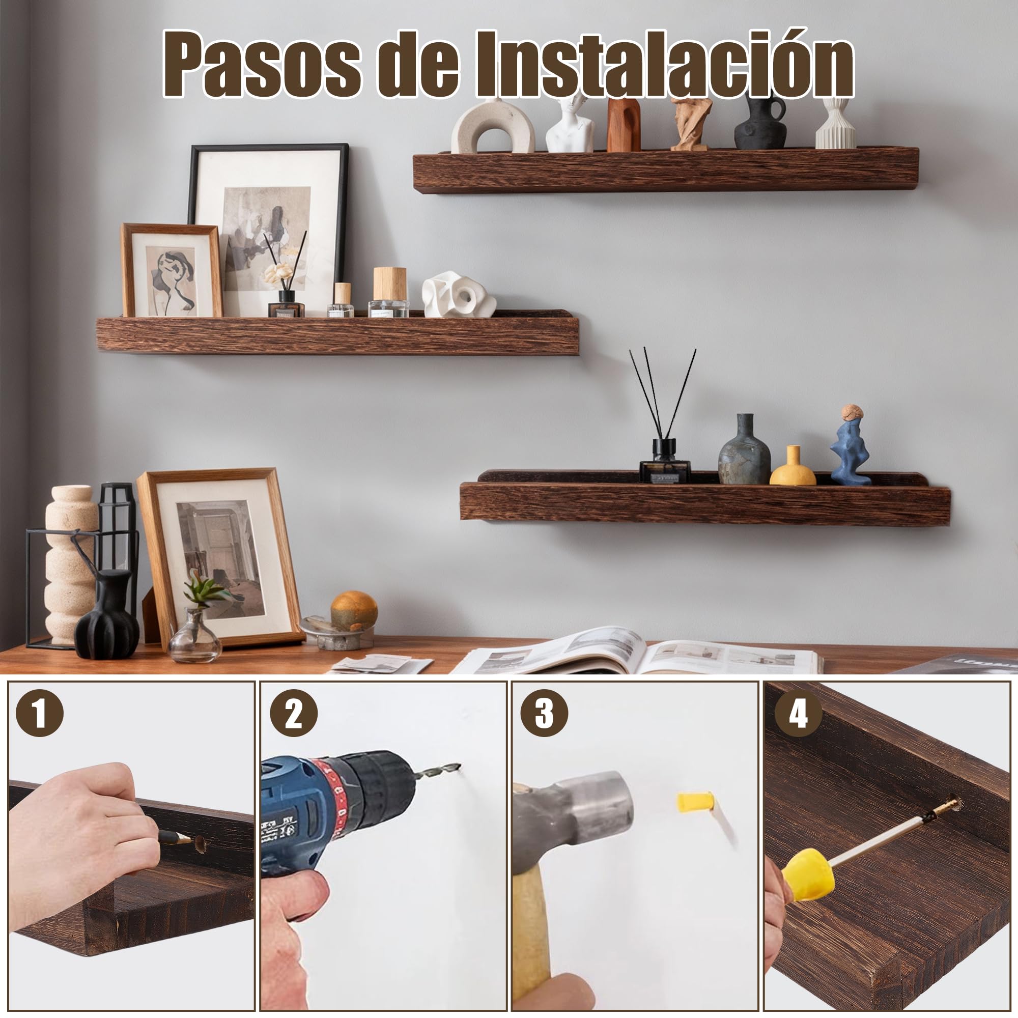 Estantes Flotantes, Estanterías de Exhibición de Pared Rústica para Sala de Estar, Organizador de Madera de 3 Niveles con Madera de Paulownia, 42x11x4cm (Brown)