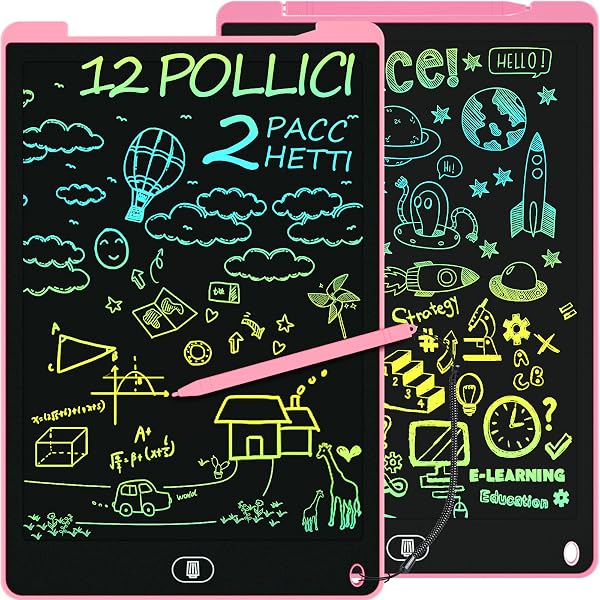 2 Pacchi Tavoletta Scrittura Portatile con Display Colorato 12 Pollici, Electight Tavoletta Scrittura da Disegno Cancellabile con Pulsante Elimina e Interruttore di Blocco, Giocattolo Educativo, Rosa - 1