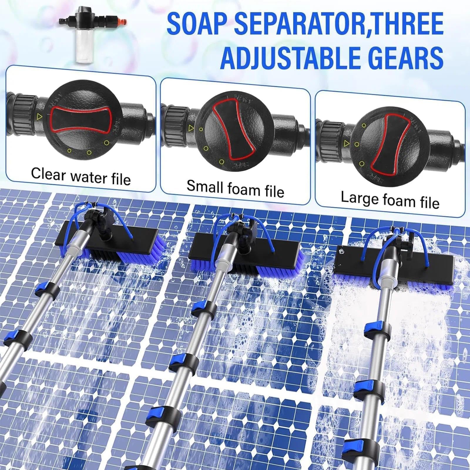 Kit de limpieza hidráulico retráctil para paneles solares que incluye una escobilla de goma de 32 cm, dispensador de jabón, cepillo para polvo y más adecuado para limpiar paneles solares y ventanas