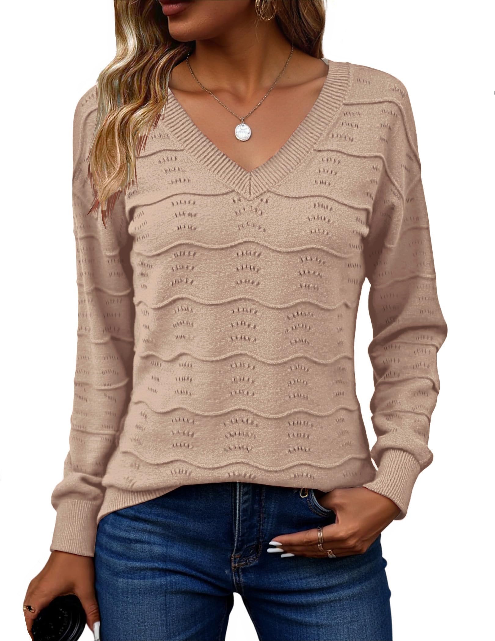 Zeagoo Womens Sweaters Fall Casual Long Sleeve V Neck Shirts Lightweight Crochet Ribbed Knit Pullover Tops Outfits