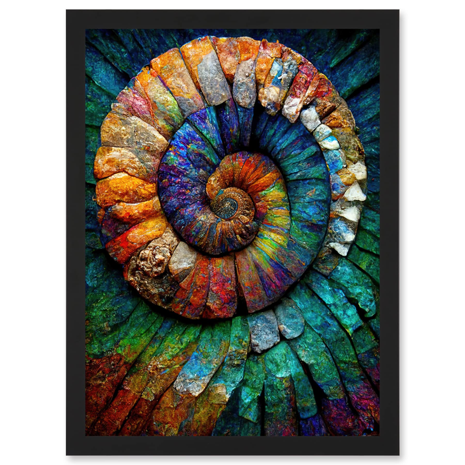 Doppelganger33 LTD Bright Multicoloured Ammonite Fossil Artwork Framed Wall Art Print A4