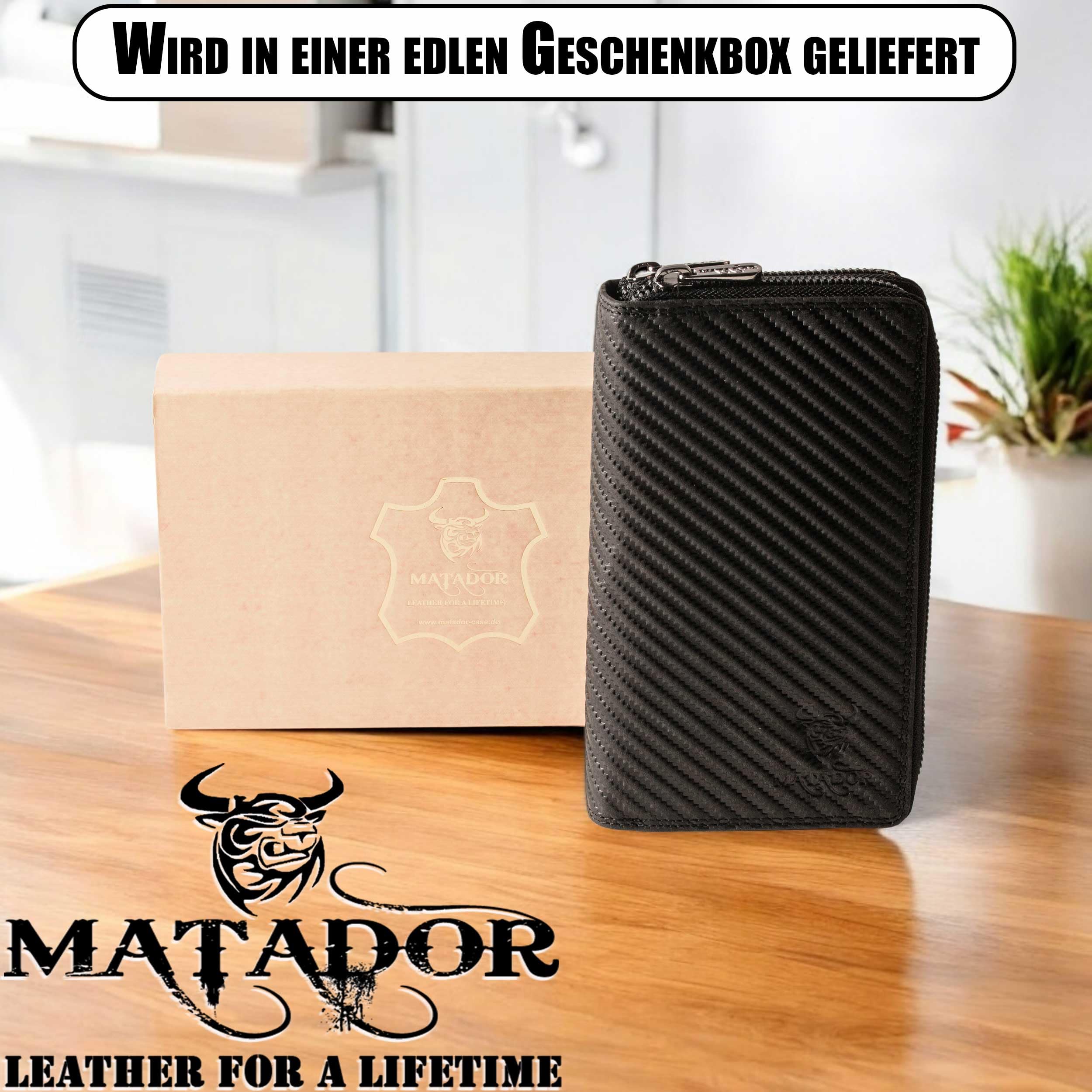 Matador Marca Portafoglio Uomo Pelle MADRID con Elegante Scatola Regalo, Portafoglio Nero di Lusso con Protezione RFID, Grande con Molti Scomparti per Carte