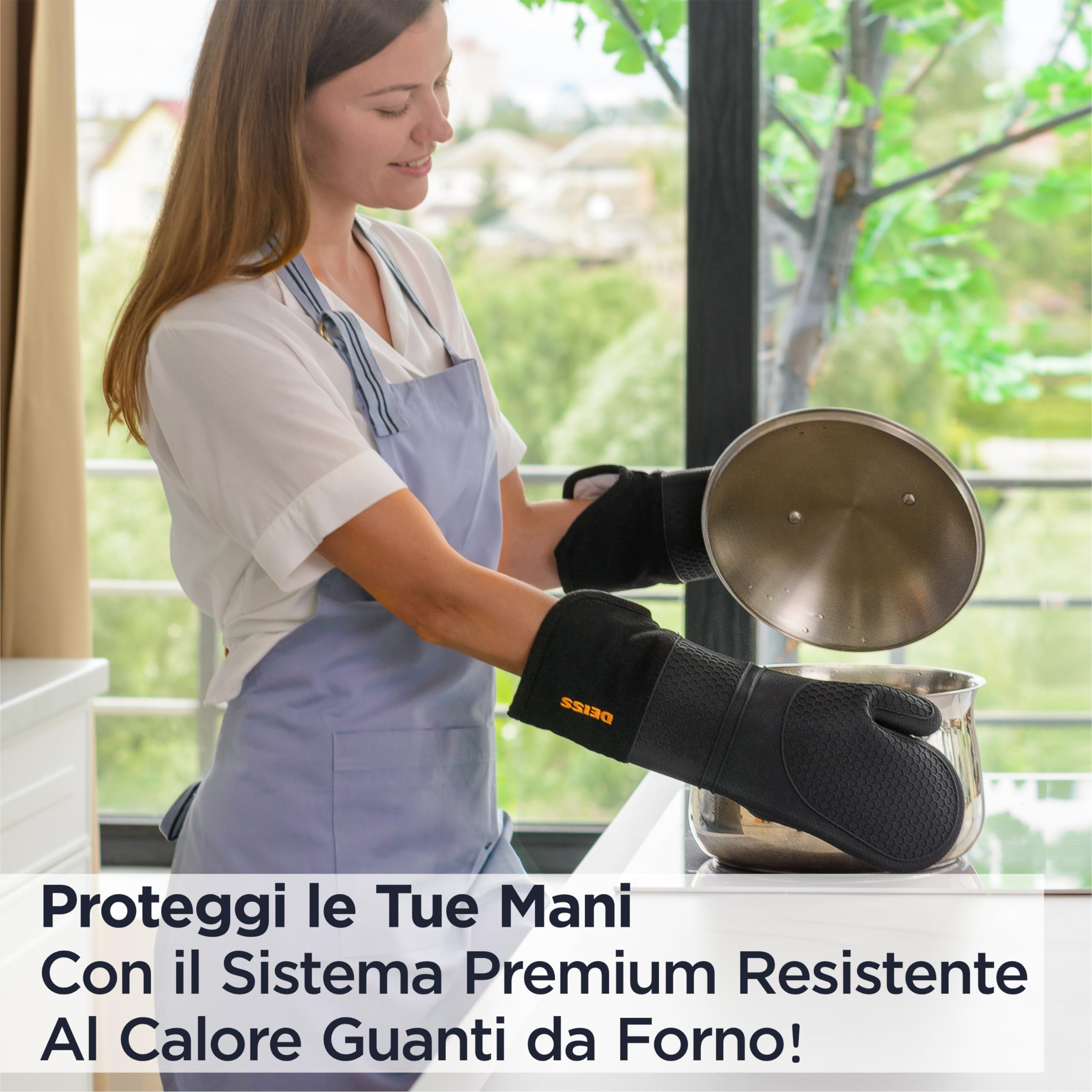 Deiss PRO Set di guanti da forno in silicone resistenti al calore e alle macchie, guanti da barbecue con fodera in cotone morbido, impermeabili, guanti da cucina flessibili extra lunghi