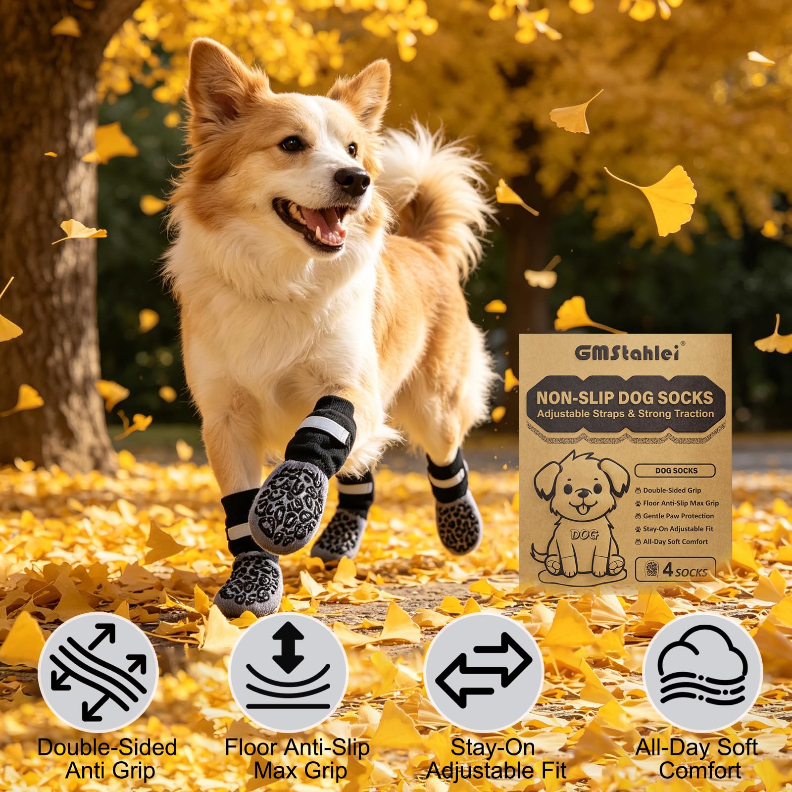 Chaussettes Antidérapantes pour Chien avec Double Adhérence & Sangle Ajustable - Lot de 4 pour Parquet et Carrelage, Anti-Glisse et Anti-Léchage, Protection des Pattes pour Chiens Âgés et Actifs (M)