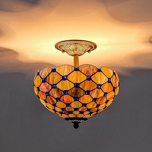 Miniatura 5 de Lámpara de techo Tiffany estilo perlas, lámpara de montaje semiempotrada de vitrales de 12 pulgadas de ancho, 11 pulgadas de alto, declaración de