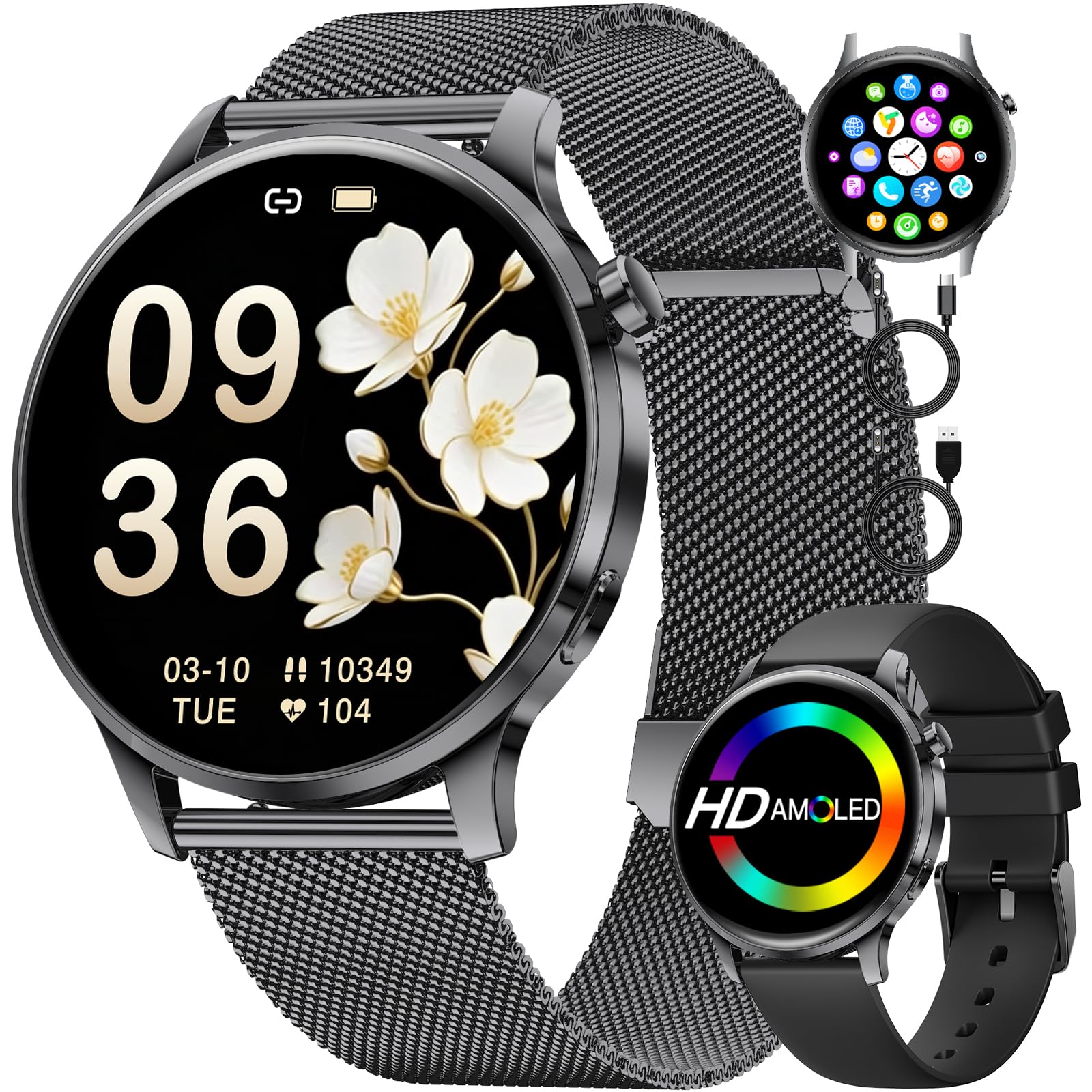 Montre Connectée Femme Smartwatch Sport: 1.32" AMOLED Smartwatch avec Appel Bluetooth, 110 Modes Sportifs, Santé Au Féminin/Fréquence Cardiaque/Sommeil, IP68 Fitness Montre Femmes pour iOS Android