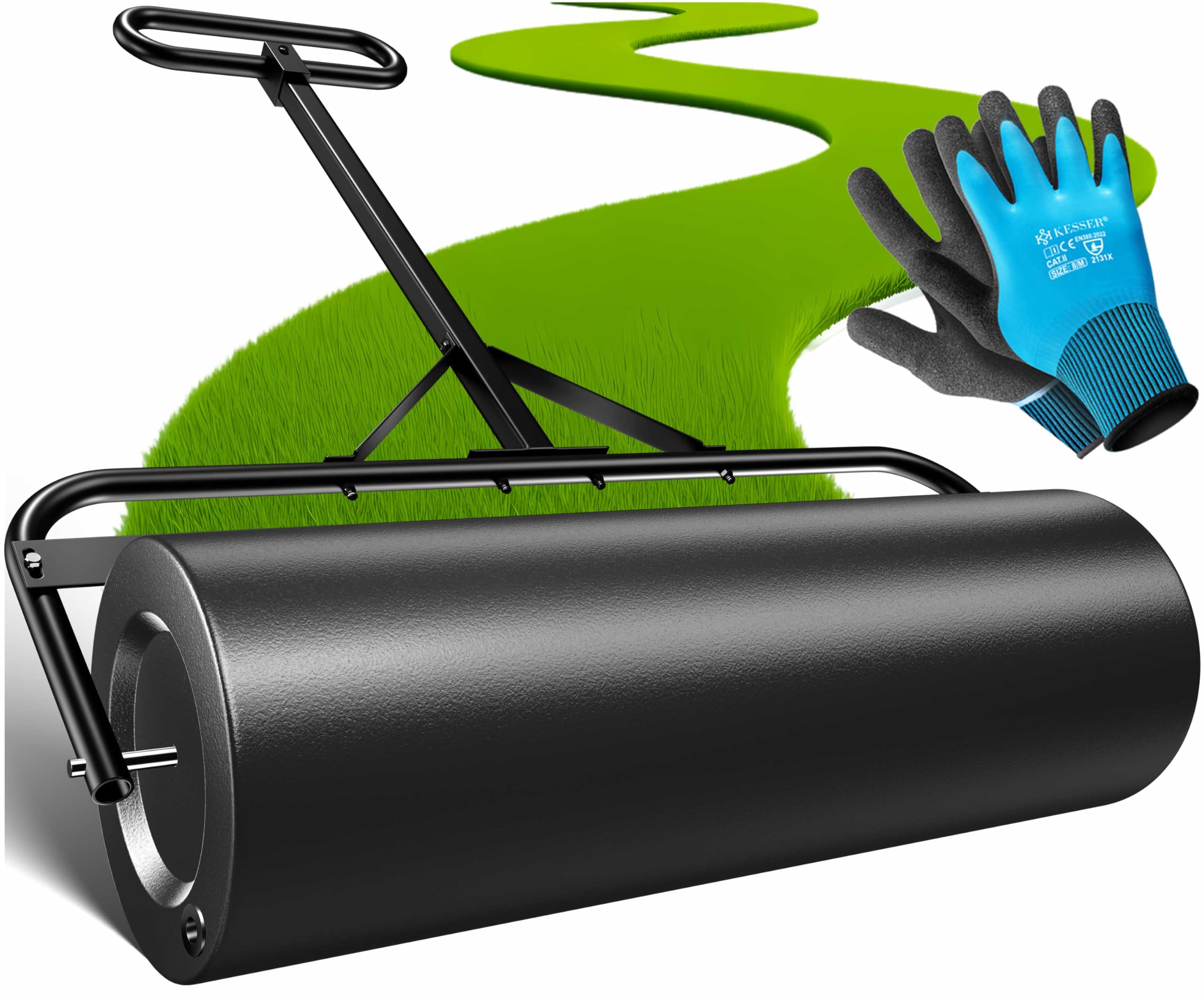 KESSER® Rasenwalze Metall befüllbar mit Wasser oder Sand mit 63 Liter Füllvolumen & 99cm breit | Gartenwalze inklusive Handschuhe | Handwalze Rasenroller Ackerwalze Walze in Schwarz