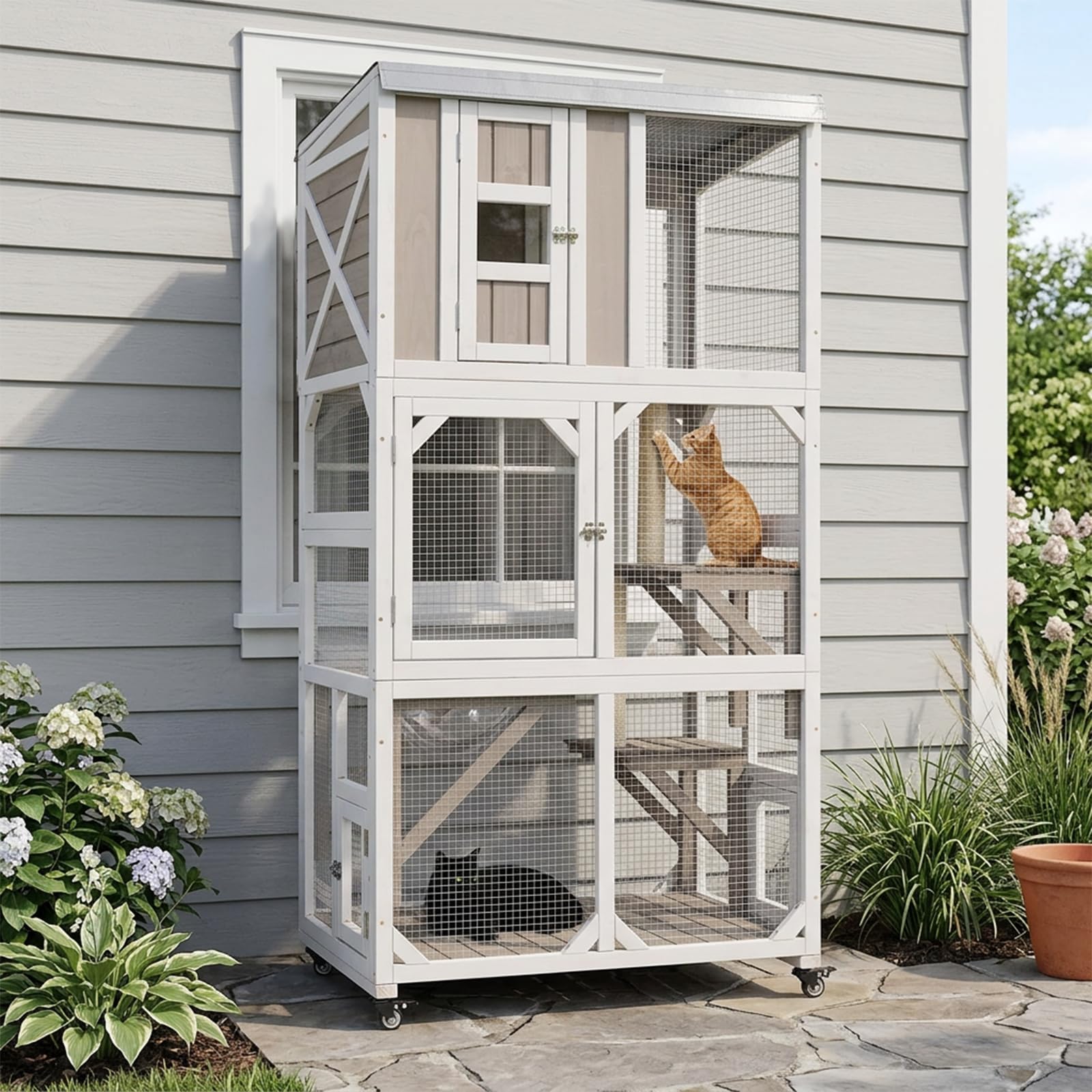 Portable 63" Catio with Wheels, Outdoor Cat Enclosure with Window Access