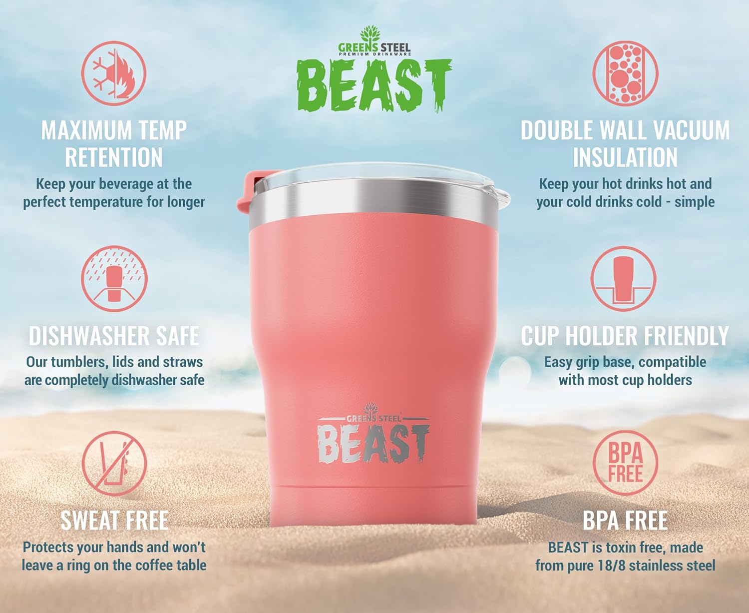 Beast 10 oz Tumbler Stainless Steel Vacuum Insulated Coffee Ice Cup Double Wall Travel Flask (Blossom Pink) - Image 2