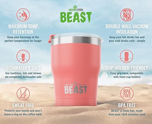 Miniatura 2 de Vaso de acero inoxidable BEAST con aislamiento al vacío de doble pared, para café o bebida fría, termo de viaje, 10 onzas (rosado floral)