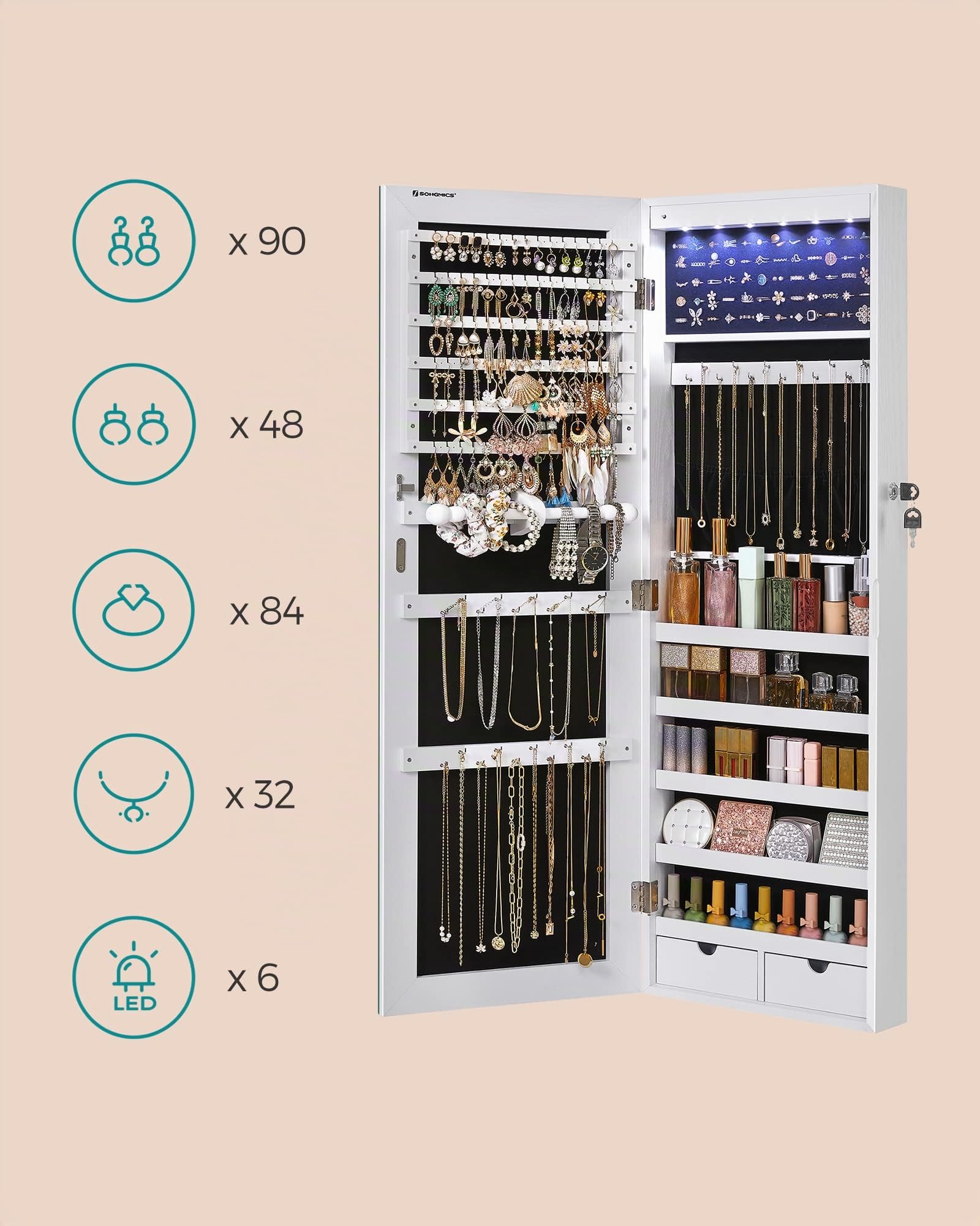 SONGMICS Schmuckschrank mit langem Spiegel, Schmuckaufbewahrung mit 6 LED-Lampen, zum Aufhängen an der Tür oder zur Befestigung an der Wand, großes Fassungsvermögen, 2 Schubladen, Weiß JJC99WT