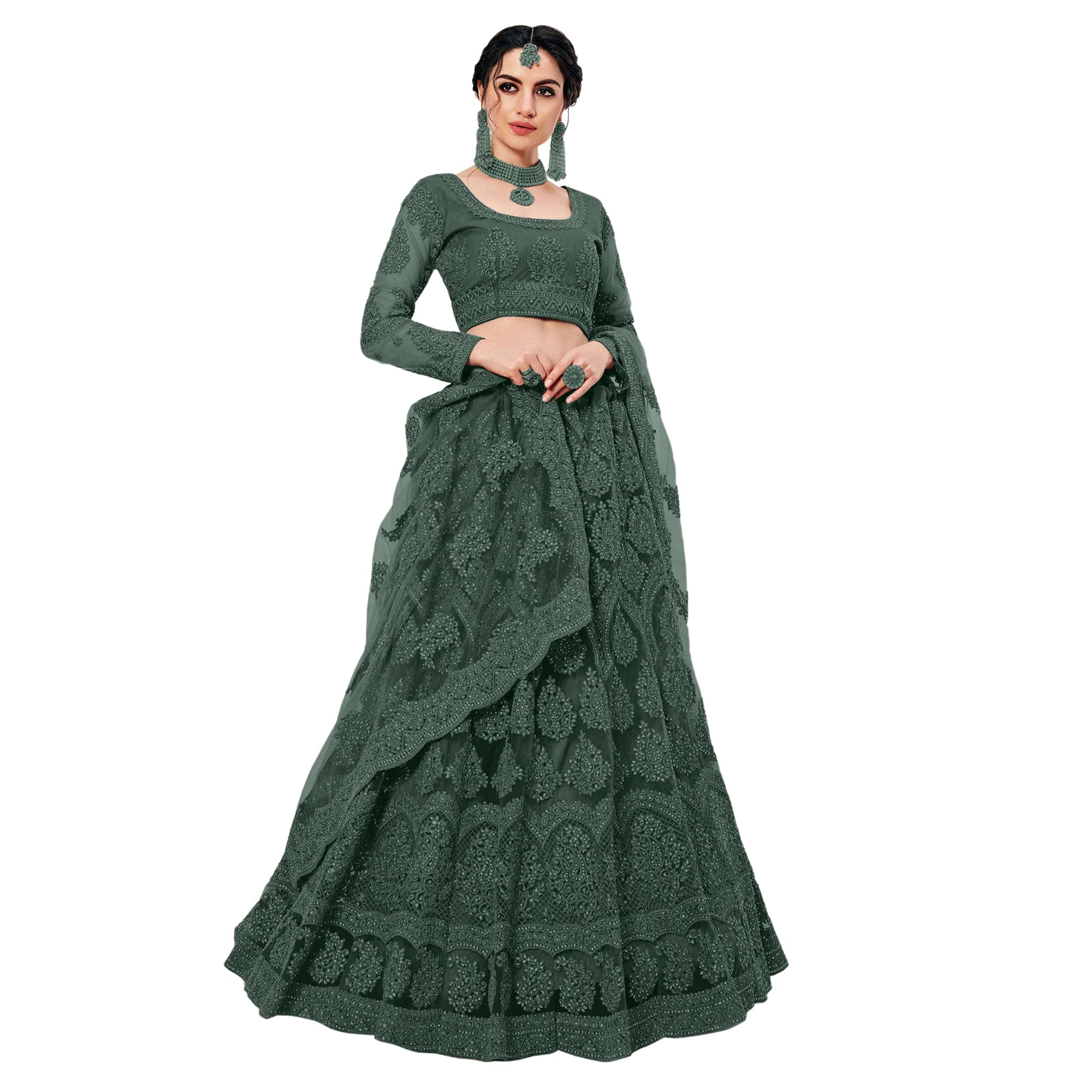 Patlani Letest Design Chain Embroderied With Stone Work Woman S Flered Lehenga Choli.Green (Semi Stitched)