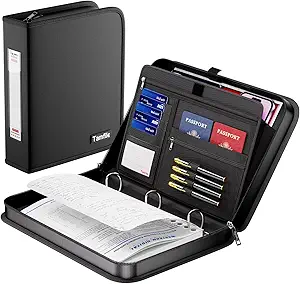 Tamfile Fireproof 3 Ring Binder with Zipper, 1.5 Inch D Ring Binder Hold Up 375 Sheets of 8.5"x11" A4 Paper, Portable Safe Storage with Large Pockets, Important File Storage for A4 Files (Black)