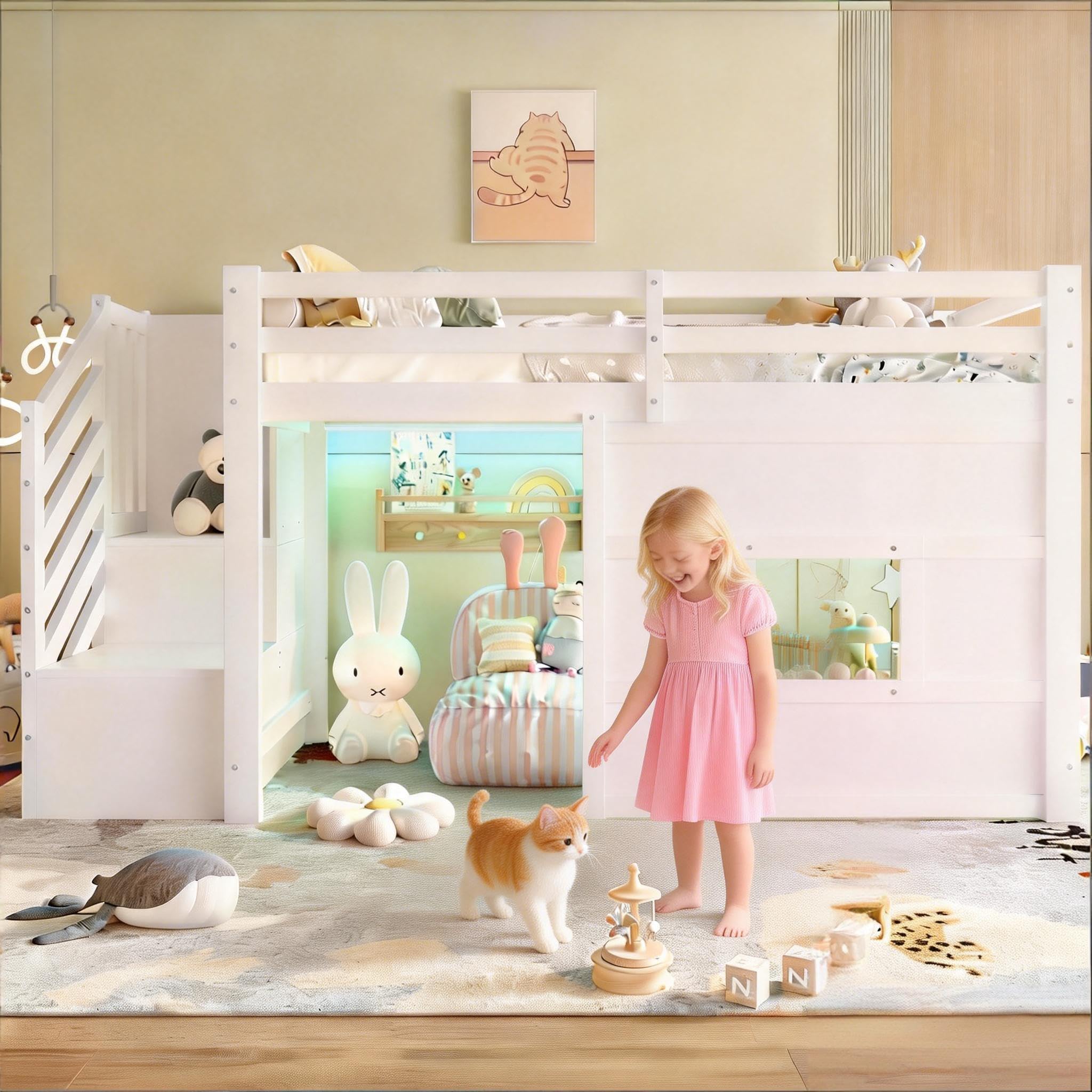 Hochbett 90x200, Kinderbett mit Stauraum Treppe und Fenster, Kinderhochbett mit LED-Beleuchtung, Stabiles Holzgestell, Verspieltes Design, Weiß