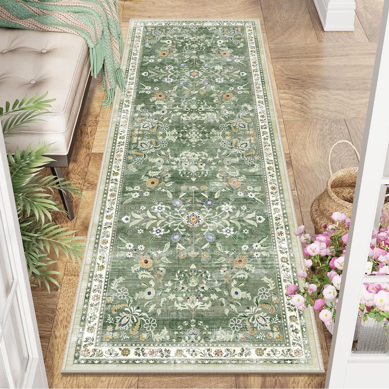 Yamaziot Washable Runner Rug 2x6 – Non Slip Boho Floral Hallway Runner Rug with Rubber Backing, Low Pile Faux Wool Distressed Carpet for Kitchen,