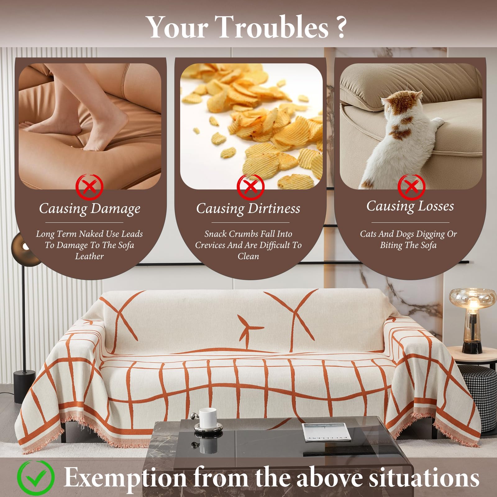 Chenille Grand Plaid et Couvre-lit Lavable Jete de Canape avec Franges Délicates Couverture Canapé d'Angle 180x150cm Protège Canape Orange Decor Intérieure
