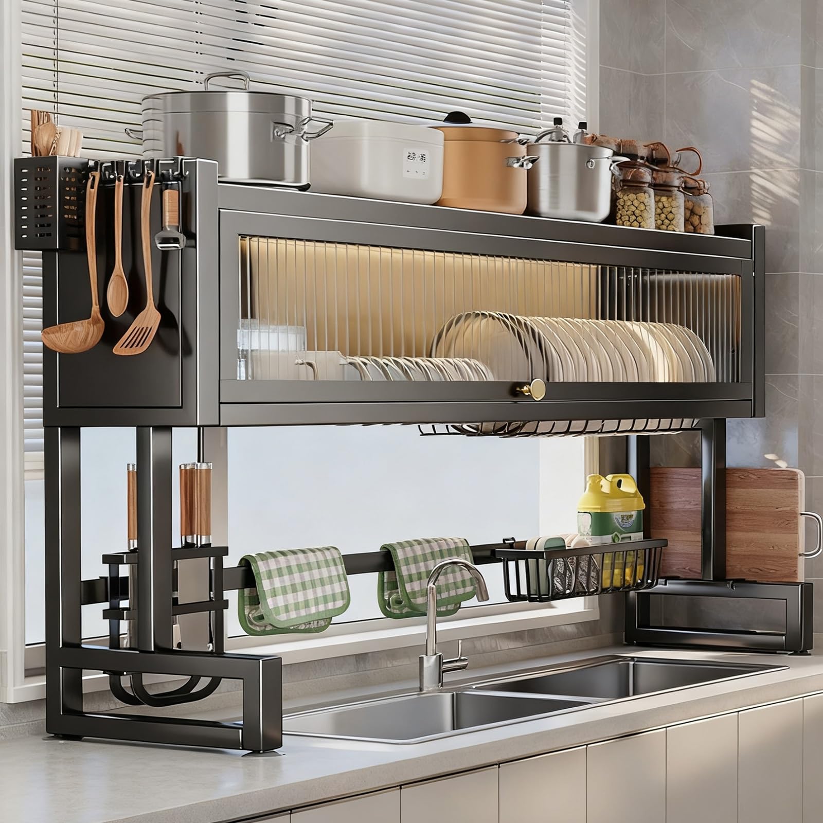 Escurreplatos de encimera sobre fregadero, cocina plegable para platos, cuencos, cubiertos, ahorro de espacio, negro, 55 cm