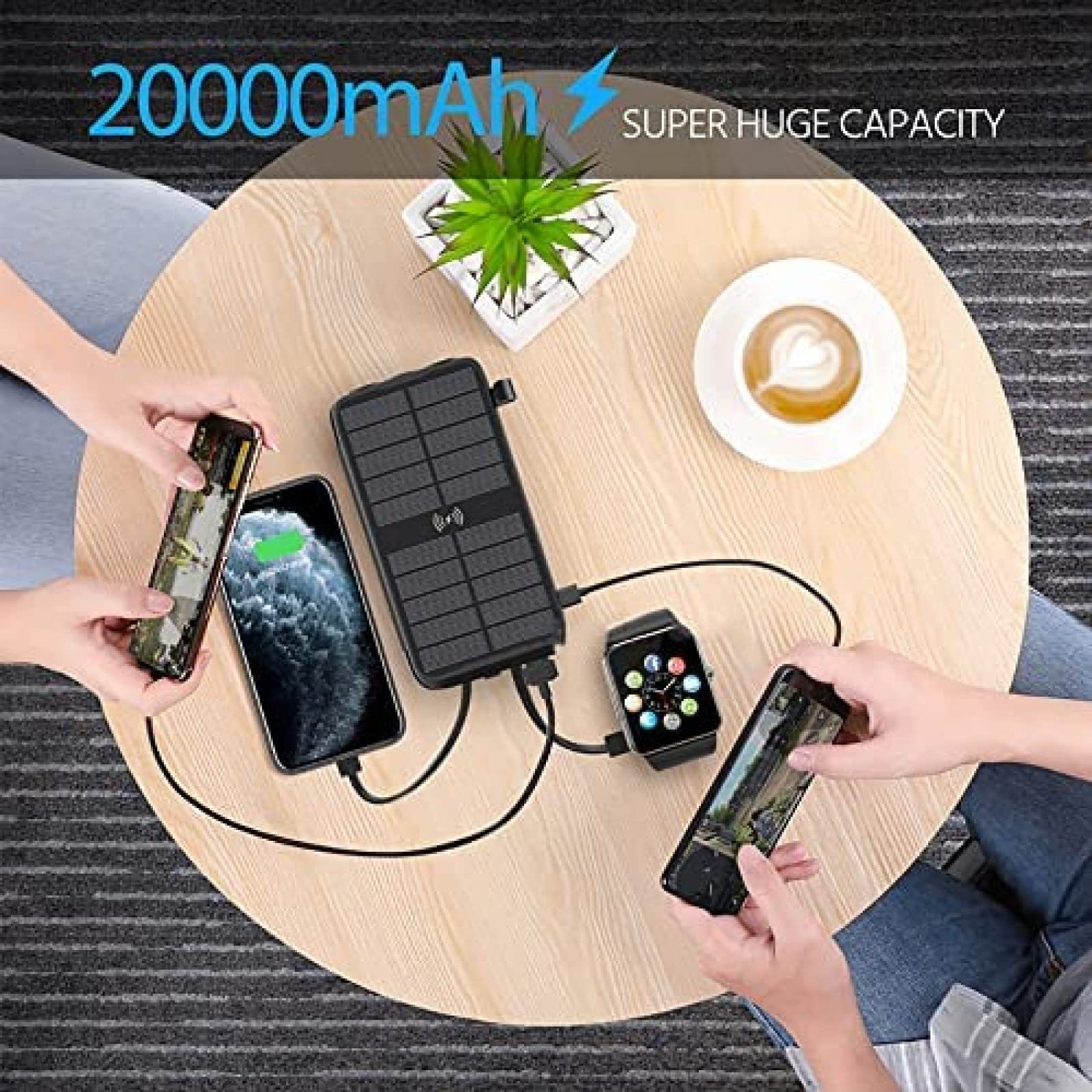 Cargador Solar Inalámbrico Power Bank, Cargador Portátil De 20000 Mah con 4 Paneles Solares Y Linterna LED, Batería Externa De Carga Rápida para Teléfono Celular Y Tableta