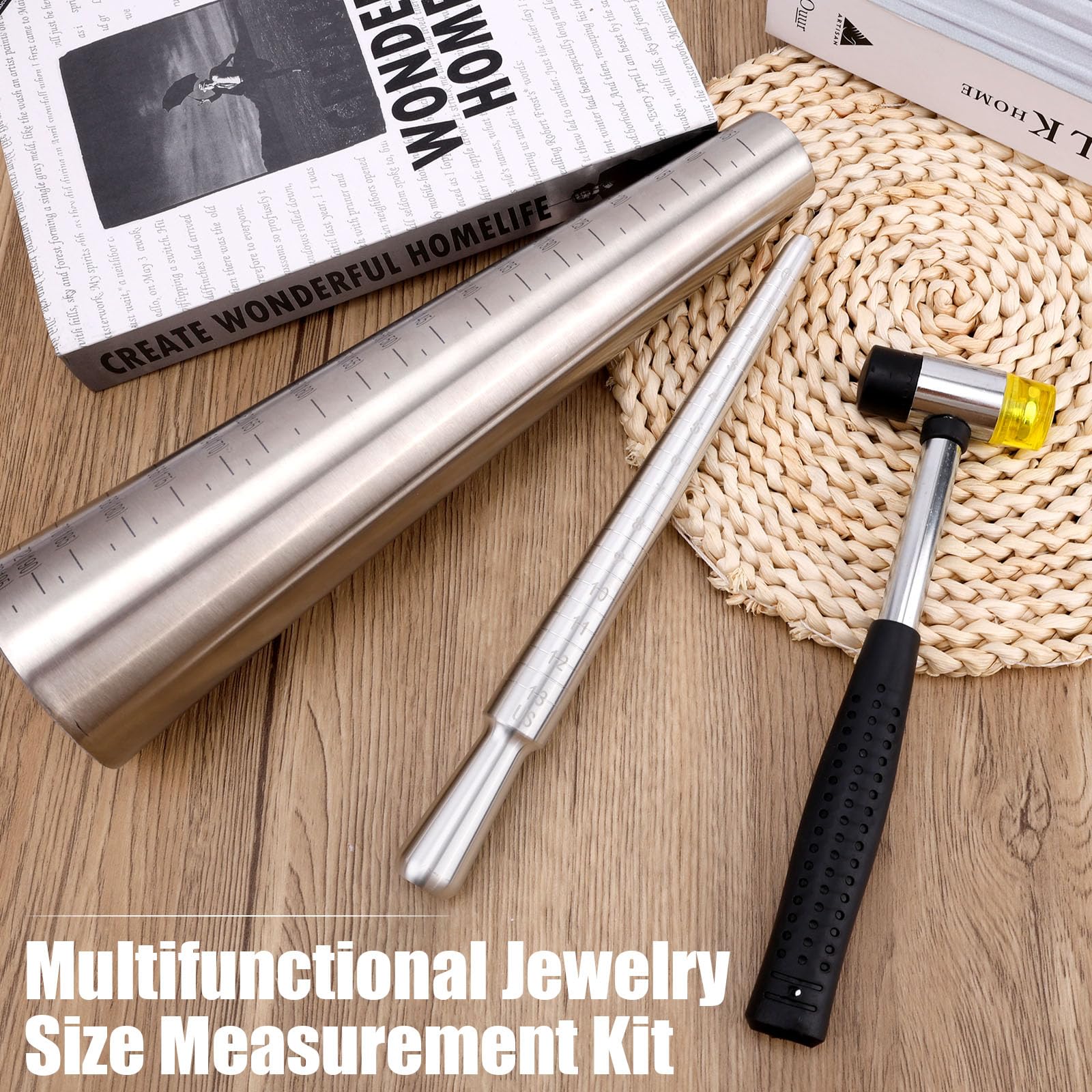 Juego de Herramientas para Calibrar Anillos y Pulseras, con Mandril de Acero Inoxidable con Mazo Goma Ajustar El Tamaño y Dar Forma a Las Joyas Kit Reparación para Hacer Joyas Tú Mismo