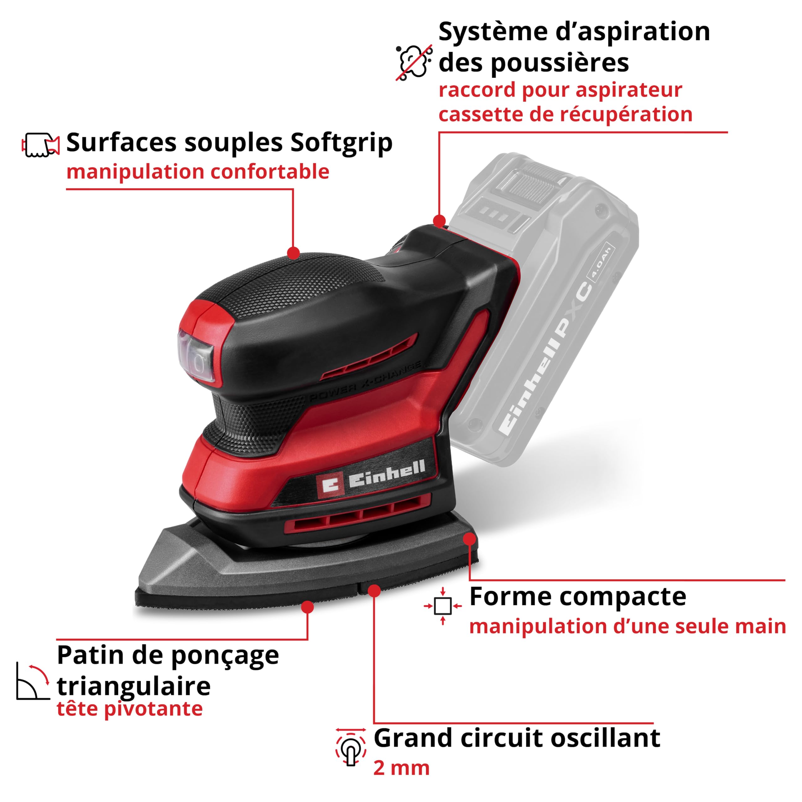 Einhell Ponceuse multifonctions sans fil TE-OS 18/150-2 Li Power X-Change (18 V, 24 000 tr/min, Ø d’oscillation 2 mm, bac à poussière, raccord pour aspirateur, 6 papiers abrasifs, sans batterie)