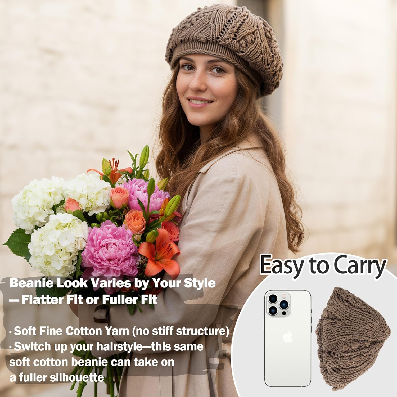 Babalet Women's 100% Cotton Crochet Beret - French Artist Slouchy Hollow Out Knit Hat - Image 6