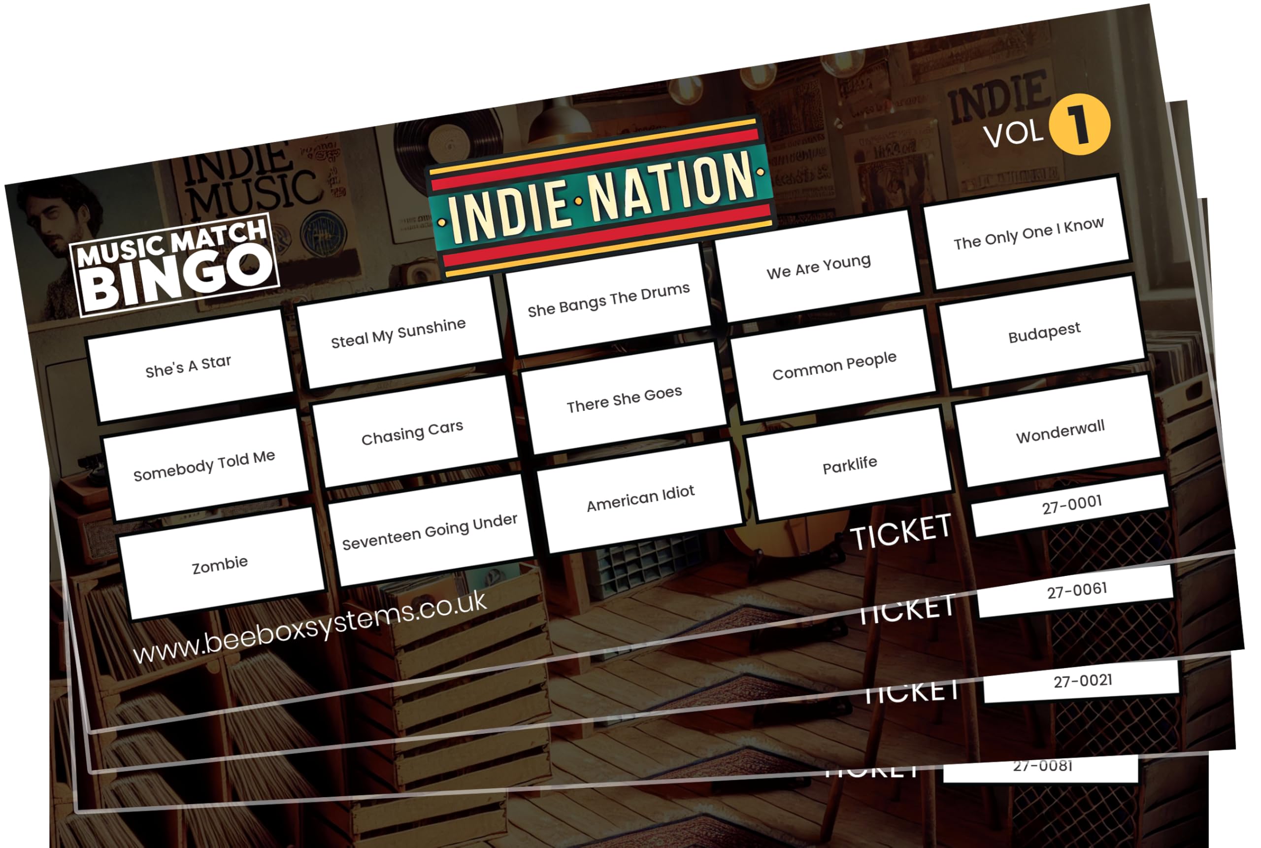 BeeBox Music Match Bingo Game Tickets, 120 Tickets Per Pack (Indie Nation Vol1)