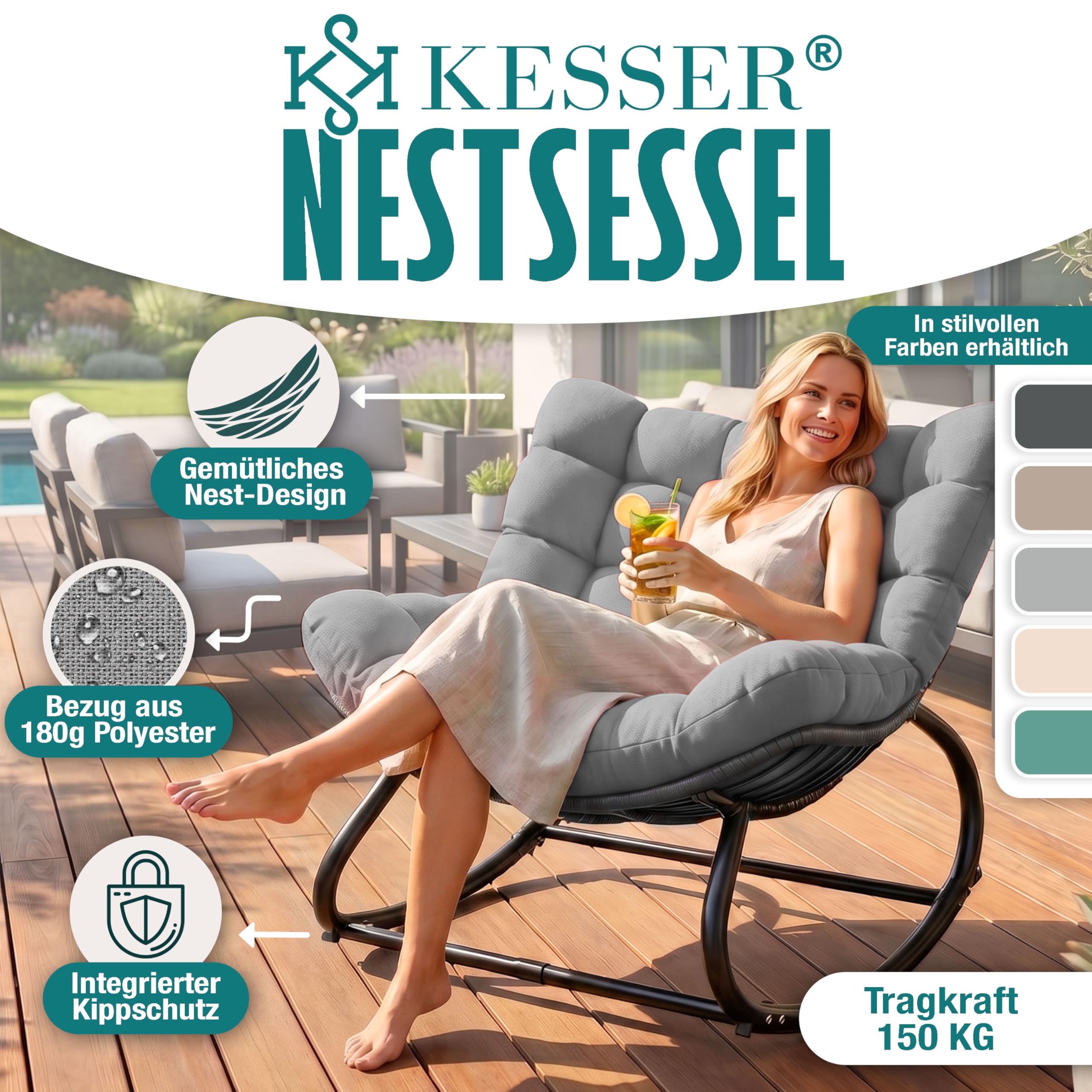 KESSER Sedia a dondolo per interni ed esterni, ergonomica, carico massimo di 120 kg, con piedini antiscivolo, resistente alle intemperie