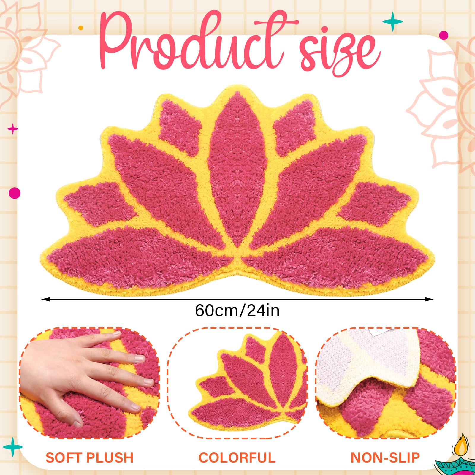 24in Diwali Decorations for Home Floral Rangoli Mat Indian Diwali Lotus Decor Pooja Floral Housewarming Floor Decor Reusable Rangoli Mat for Indian Traditional Pooja Festival New Year Entrance Gift