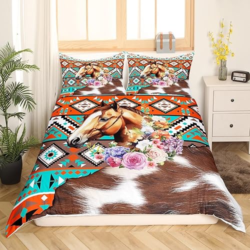Miniatura 3 de Manfei Juego de funda de edredón de caballo, tamaño matrimonial, juego de ropa de cama tribal nativo americano de 3 piezas para decoración de