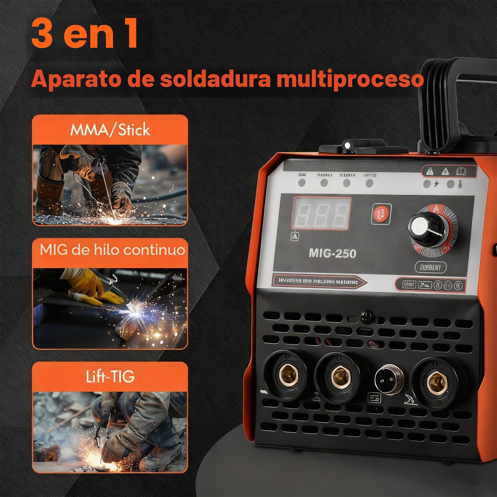 MIG - Soldadora de alambre de relleno 3 en 1 (250 A, con ARC/Flux MIG/MMA Lift WIG, soldadura de alambre de relleno (0,8 mm y 1 mm), con alimentación de alambre sinérgico, dispositivo de soldadura