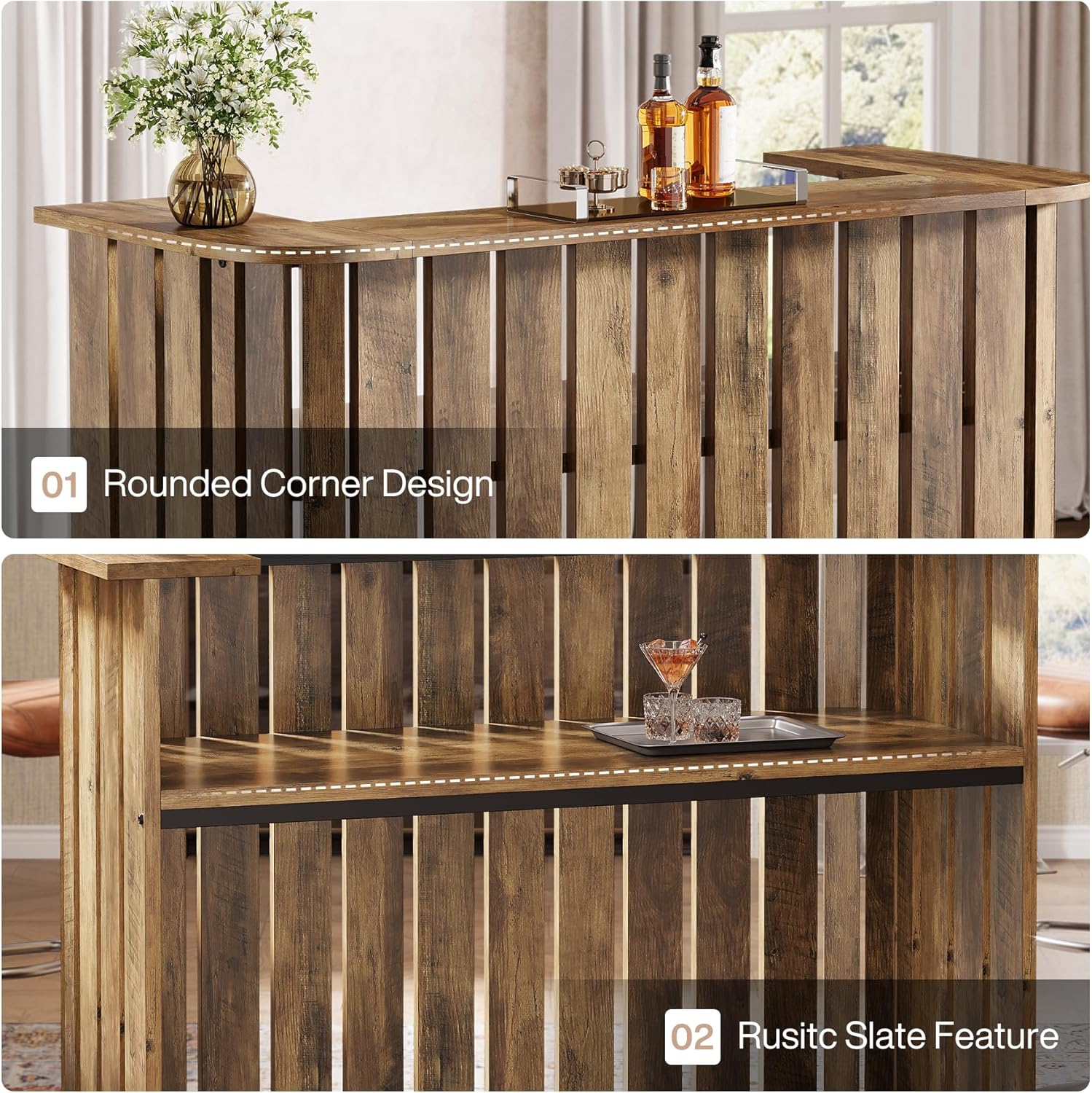 Tribesigns 63-Inch Home Bar Unit, Farmhouse Liquor Bar Table with Storage Shelves, 2-Tier Wine Bar Cabinet Mini Bar Table for Home Pub, Bistro, Rustic Brown