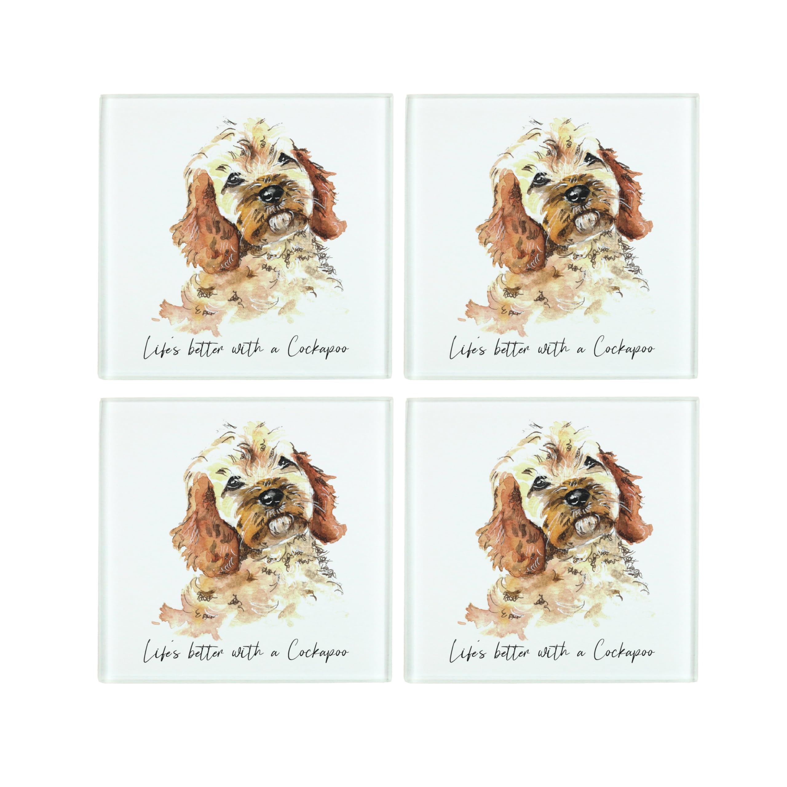 Purely Home Cockapoo Coaster Set - Life's Better With A Dog Gift - Square Glass Set Of Four (4) Coasters