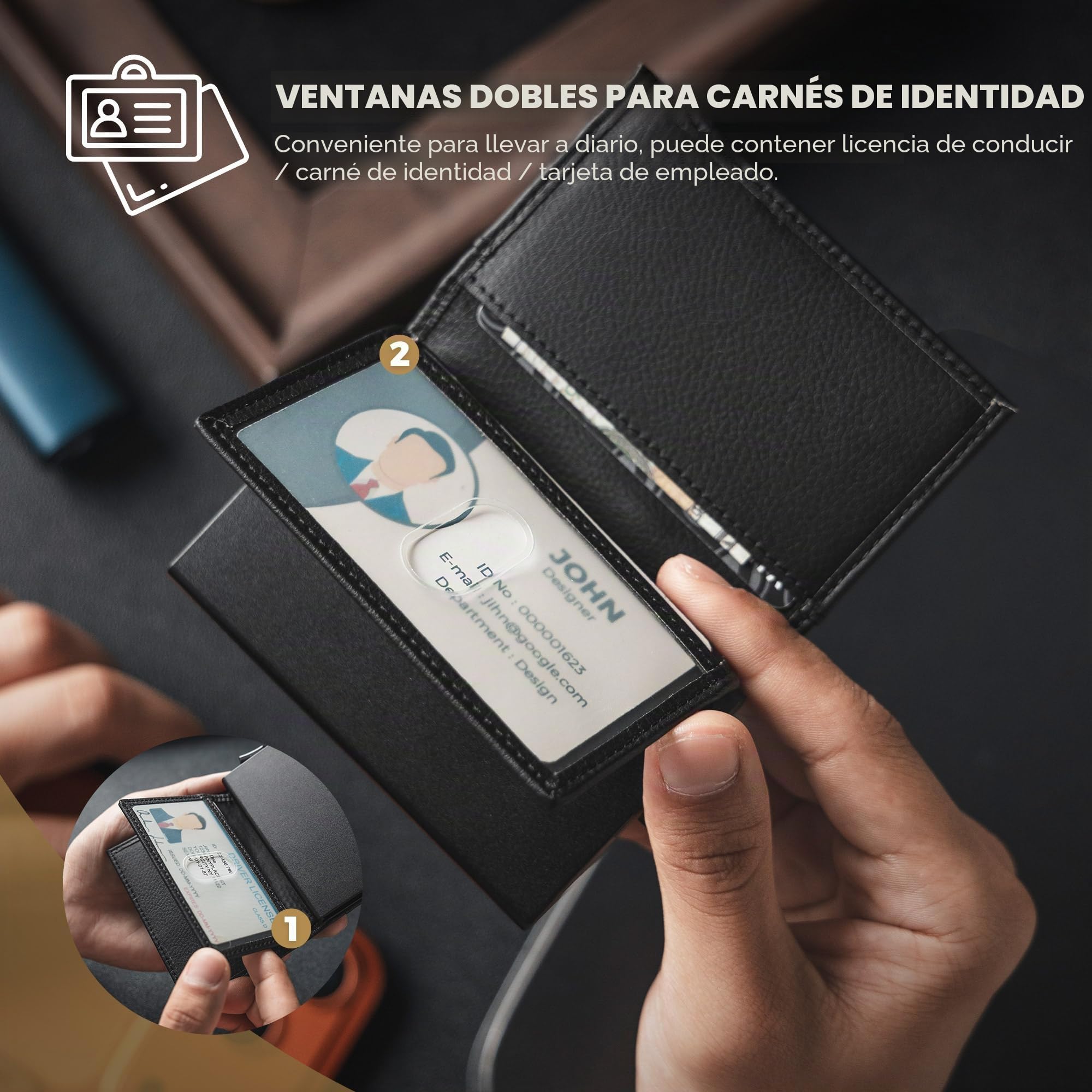 VULKIT Tarjetero con Doble Ventana de Identificación Cartera de Cuero Cartera con Bloqueo RFID Cartera de Tarjeta Emergente Automática para Tarjetas y Notas