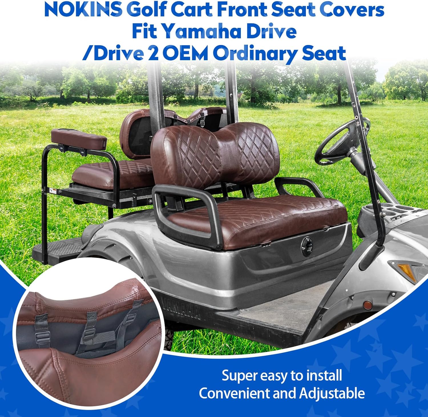 NOKINS Golf Cart Seat Covers for YAMAHA/G29/Drive2, Vinyl Front&Rear Seat Cover with Flip-Up Armrests kit, with Cup Holder, for 1" Square Tube (Brown&Brown 8438) Fit YAMAHA/G29/Drive2 Brown and Brown 8438