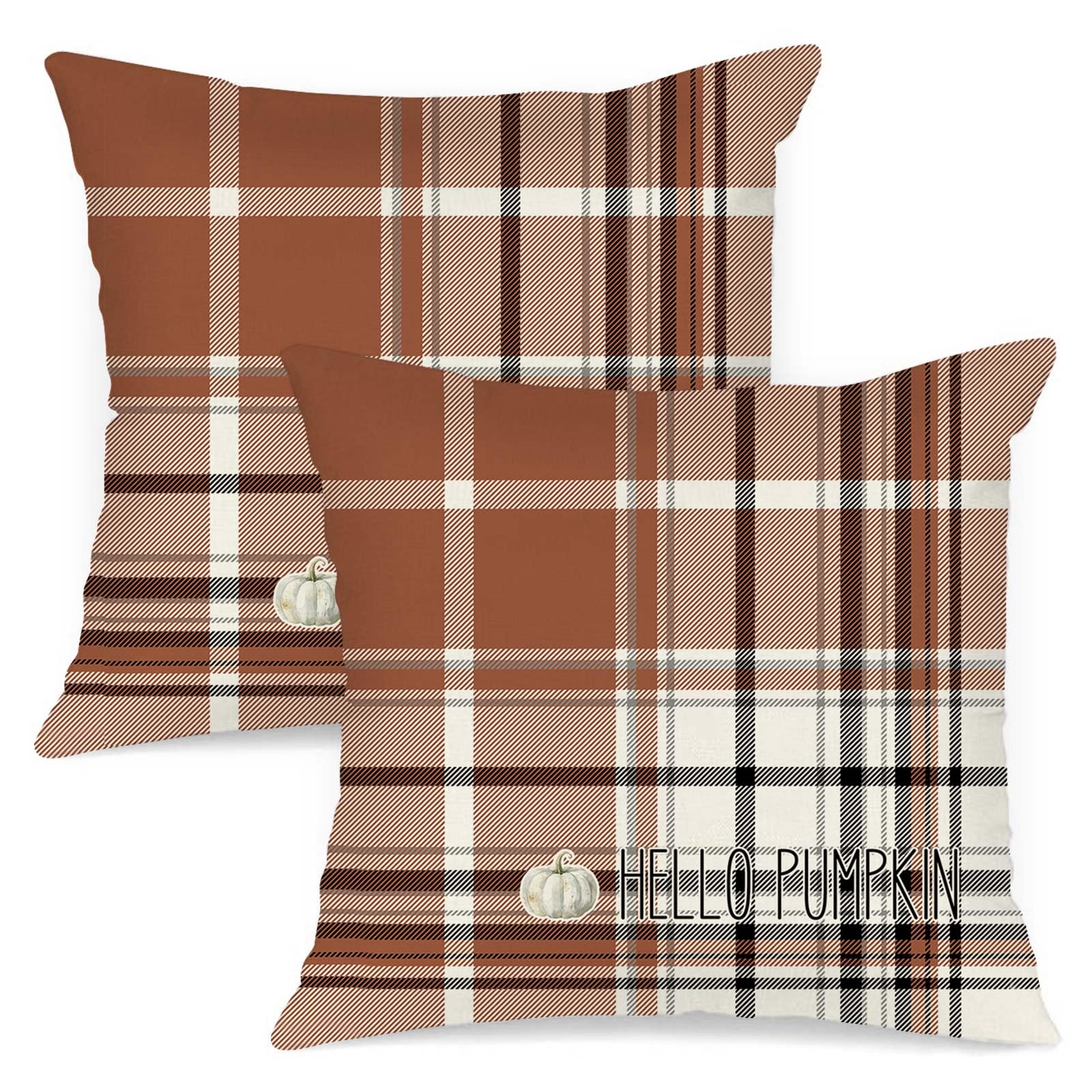 Benjia Juego de 2 Fundas Cojin Otoño 45x45 cm, Acuarela marrón, Blanco y Negro a Cuadros Fundas de Almohada día de Gracias Halloween sofá Decoración Hogar 45 x 45 cm de Almohada de Vacaciones