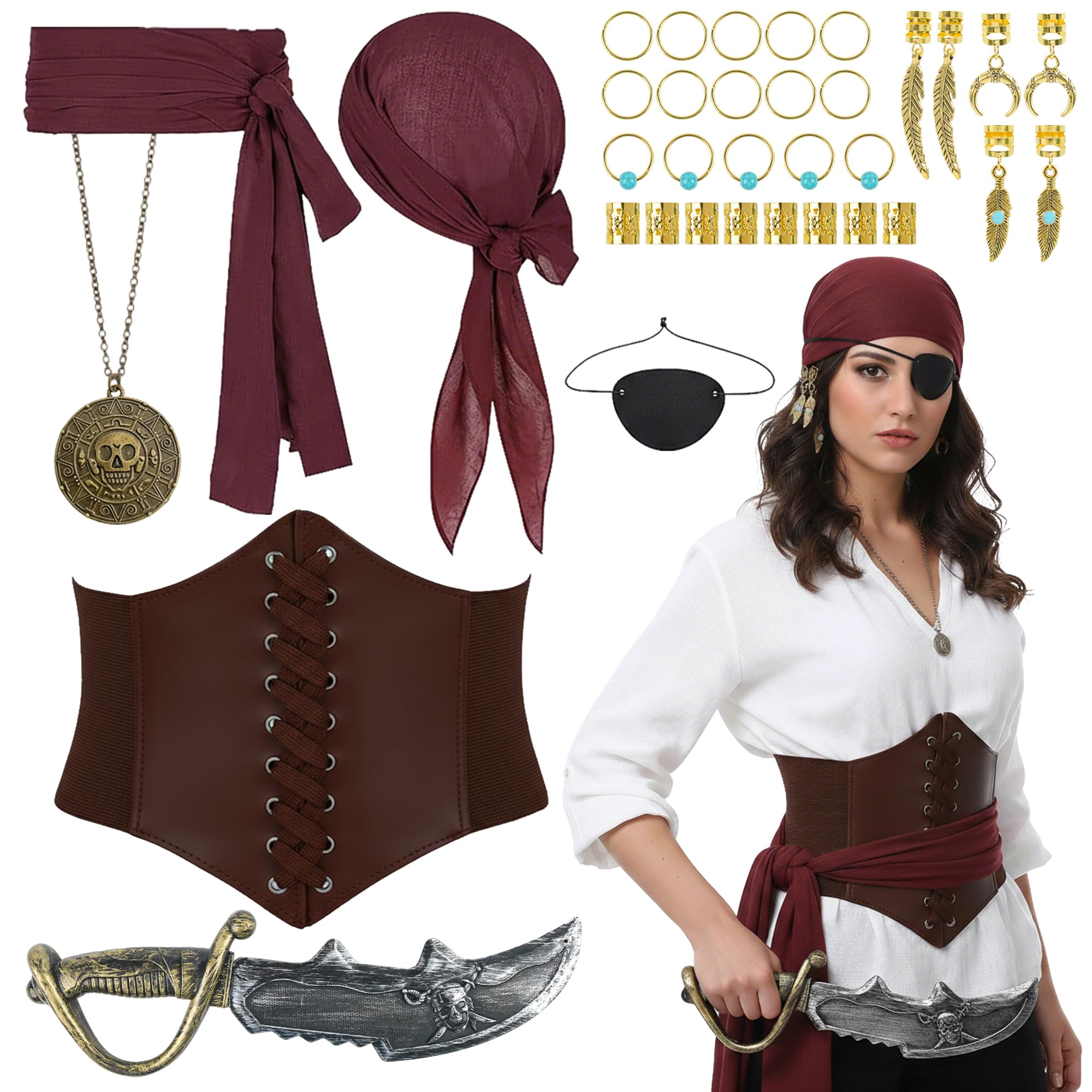 Soireeparty Pirate Costume Women Fancy Dress, Adult Pirate Costume Accessories Set including Corset Belt Necklace