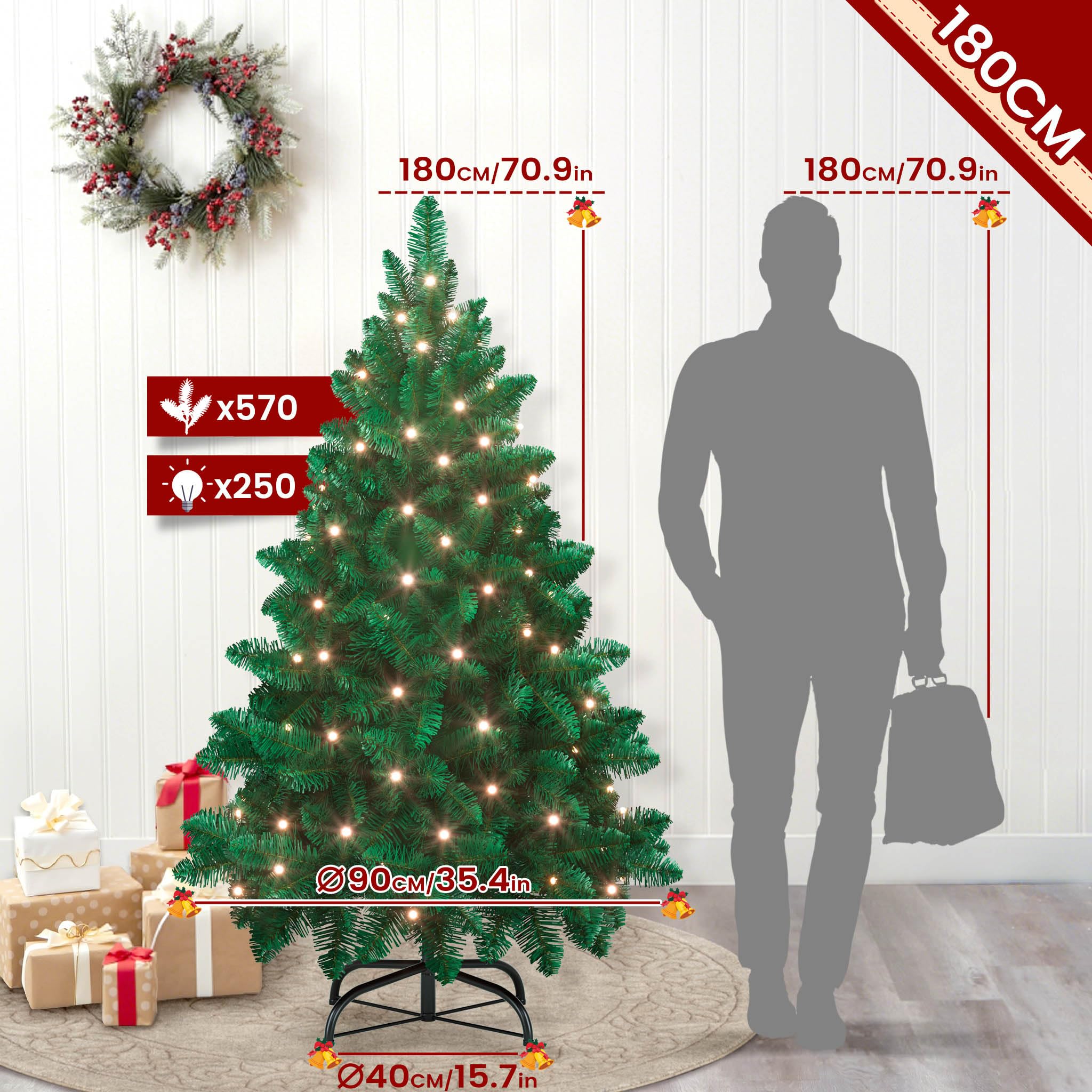 Aufun Árbol de Navidad Artificial con iluminación, 250 LED, luz Blanca cálida, Incluye Soporte de Metal, 570 Puntas, árbol de Navidad de PVC (180 cm, PVC Verde + LED)