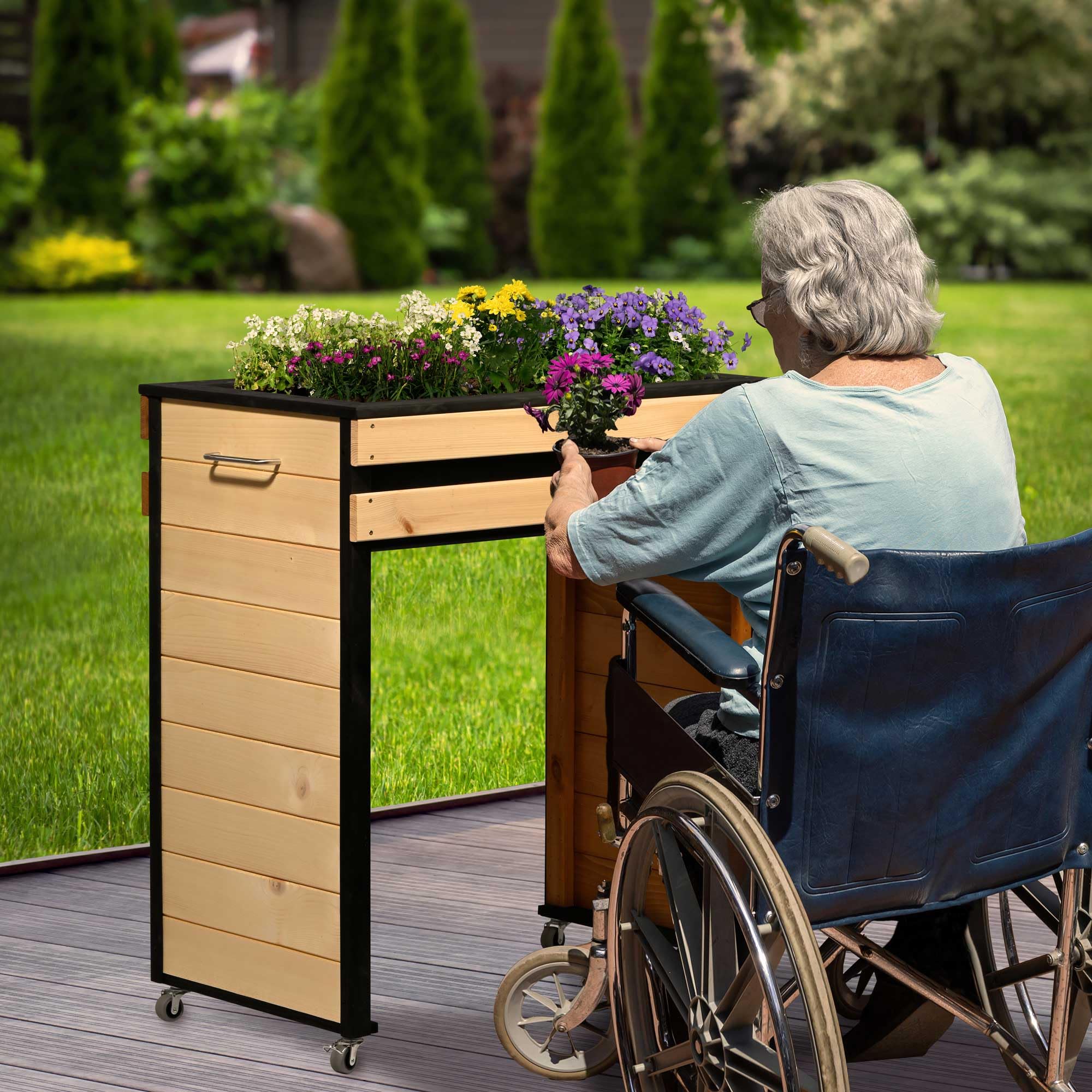 dobar® Hochbeet Wheely Gr. M für Rollstuhlfahrer - Pflanzkasten aus Holz aus Rollen mit Pflanzkübel - Kräuterbeet für Indoor und Outdoor - Balkon-Hochbeet, Natur