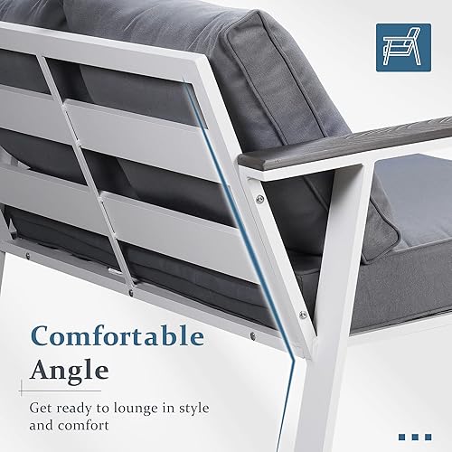 Miniatura 4 de Solaste Sofá de aluminio para exteriores, muebles de patio, sofá de 3 asientos con reposabrazos de madera y respaldo en ángulo, sofá de metal para