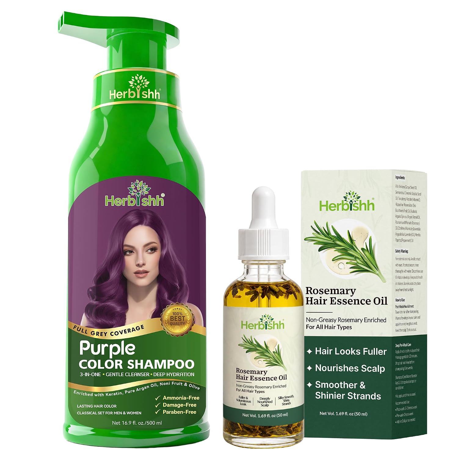 Herbishh Purple 3-In-1 Hair Color Shampoo for Gray Coverage (500 mL) And Rosemary Hair Essence Oil with Dropper (50 mL) Hair Care Combo for Women And Men