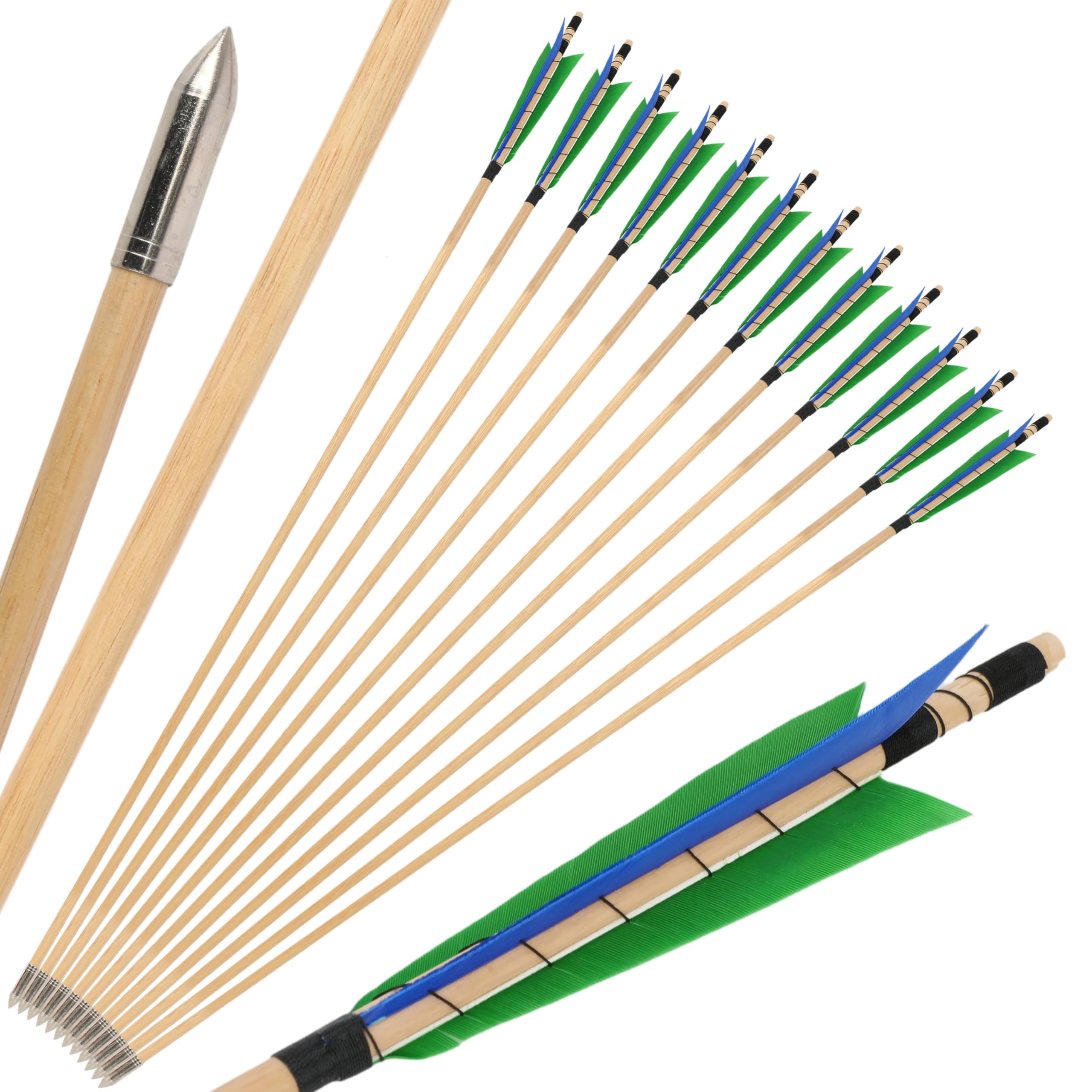 SHARROW Archery Wooden Arrows Traditional Handmade Hunting Practice Target Arrow Wood Shaft with 5" Turkey Feathers Metal Arrowheads for Recurve Bow Longbow (Green 3, 6pcs) — image 1